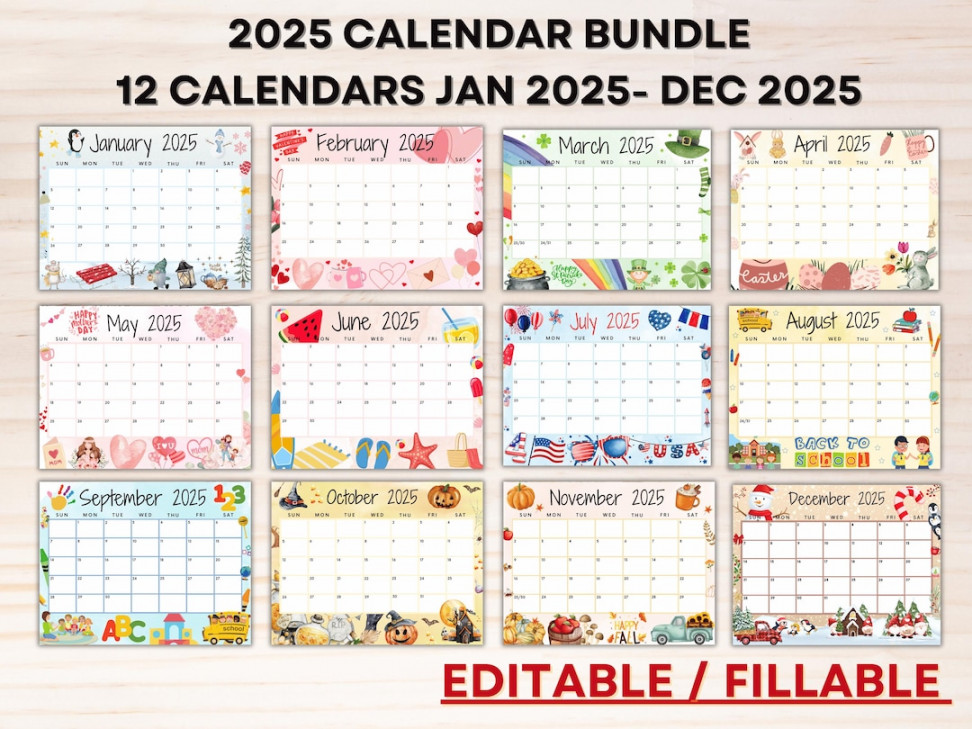 Editable  Calendar Bundle Printable January Calendar  Holiday  Calendars for the Whole Year Monthly Classroom Calendar Fillable - Etsy