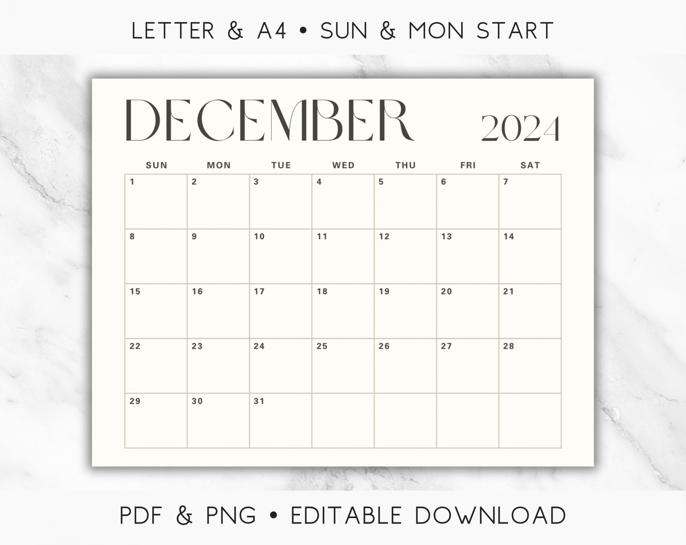 Editable December  Calendar Printable, Simple Modern December