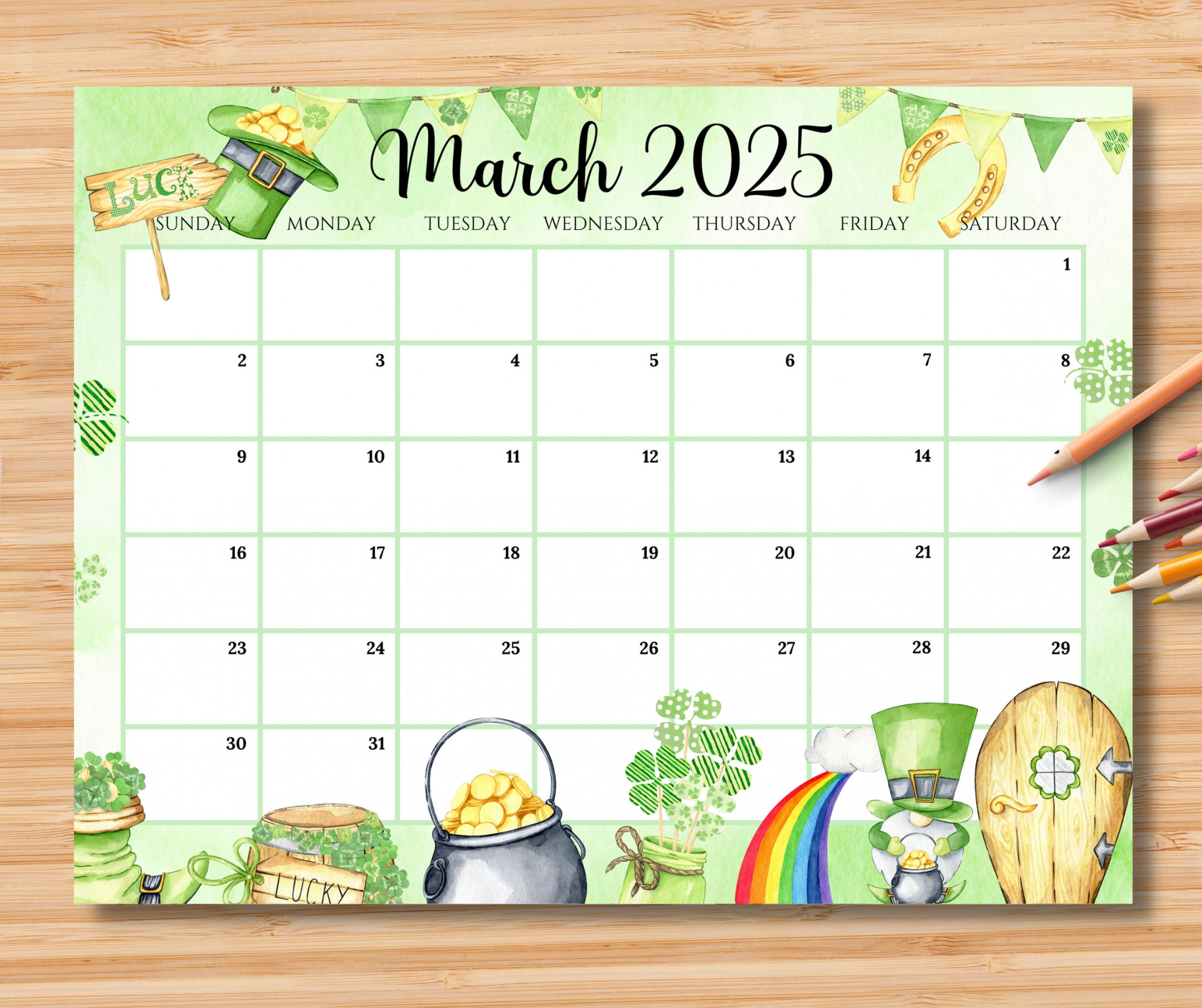 EDITABLE March  Calendar, Happy St