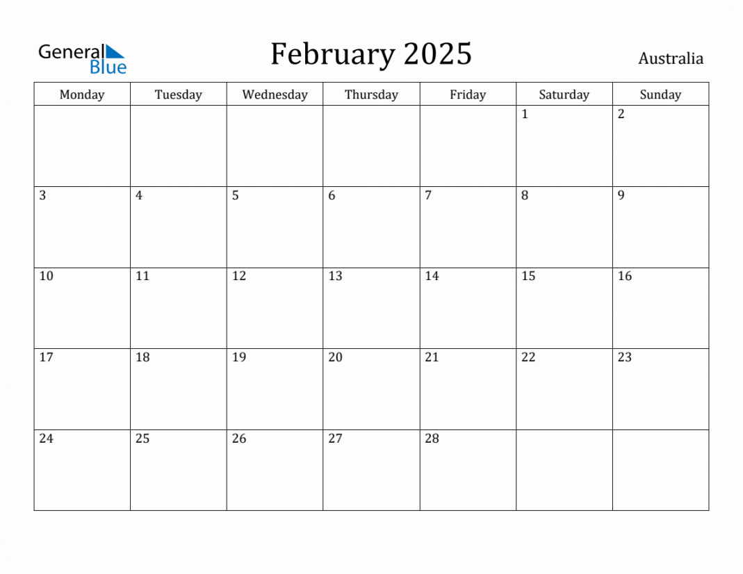 February  - Australia Monthly Calendar with Holidays