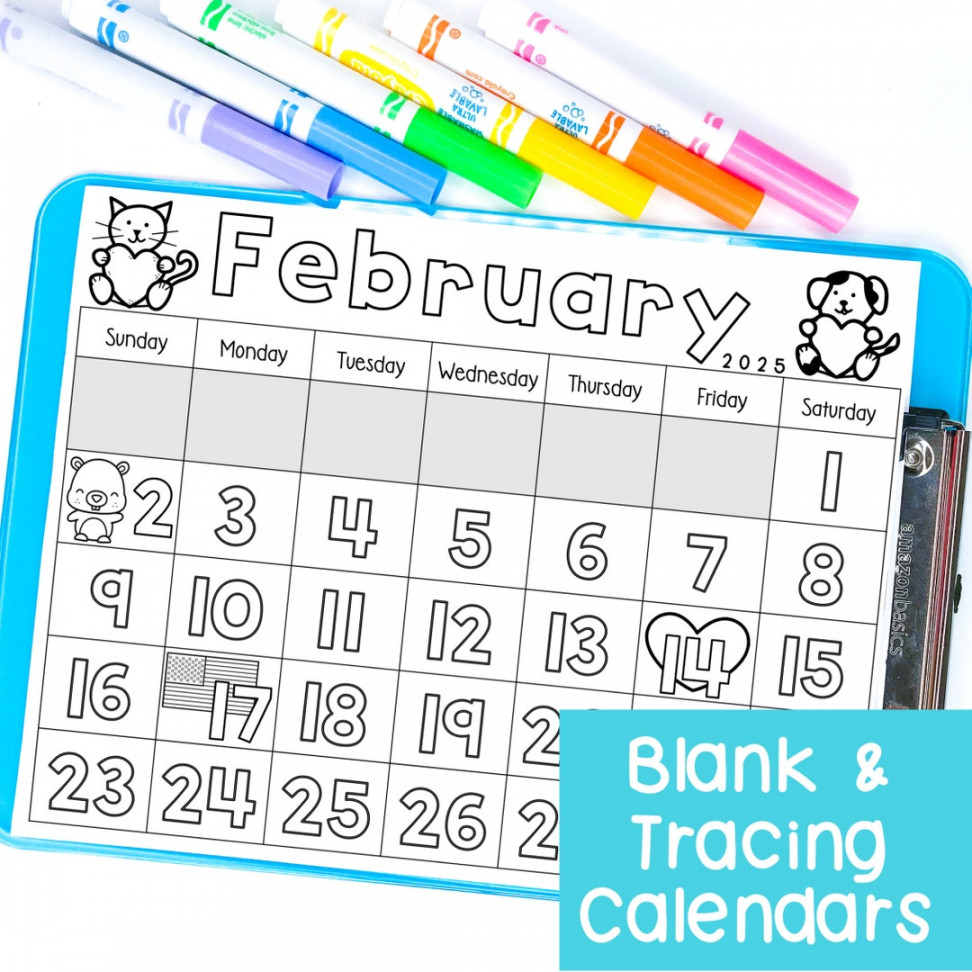 February Calendar  Printable Calendar Tracing Worksheet, Traceable  Calendar Kindergarten Activity, Blank Calendar Template February  -  Etsy