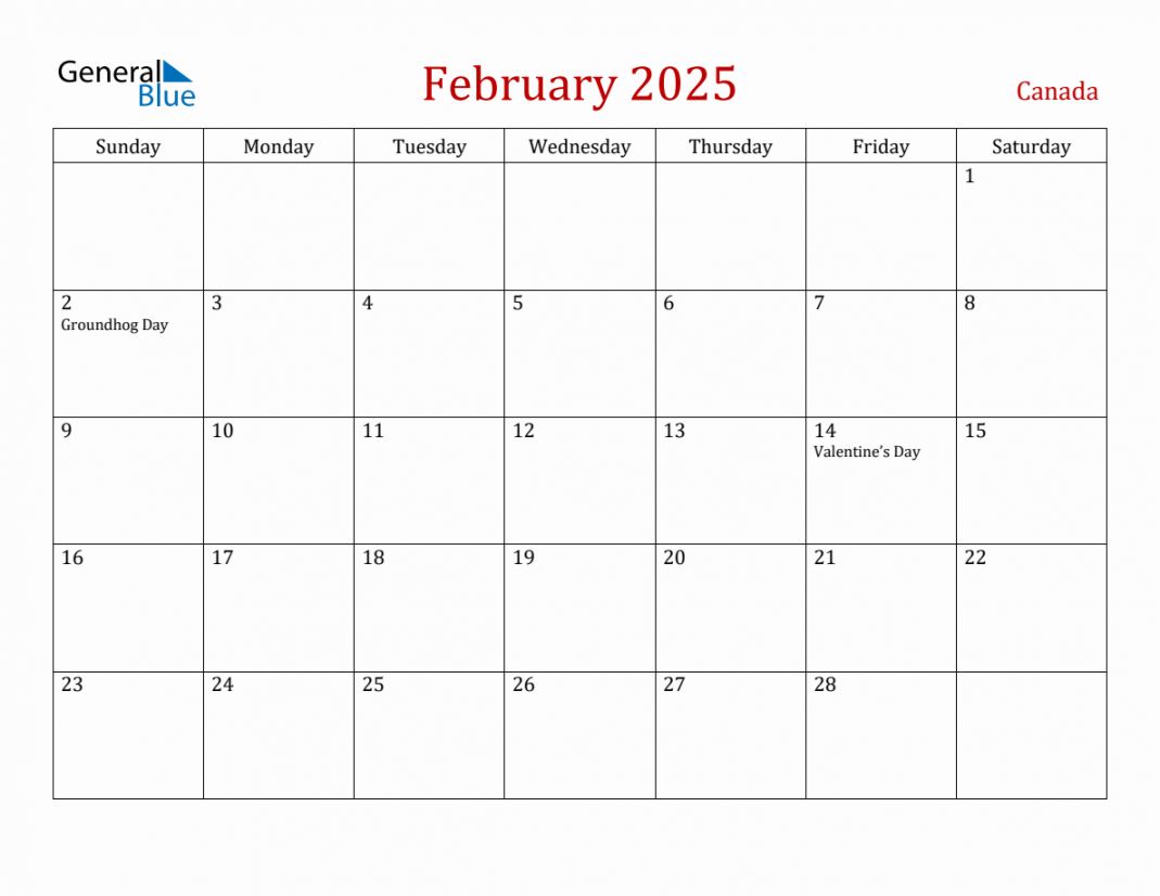 February  Canada Monthly Calendar with Holidays