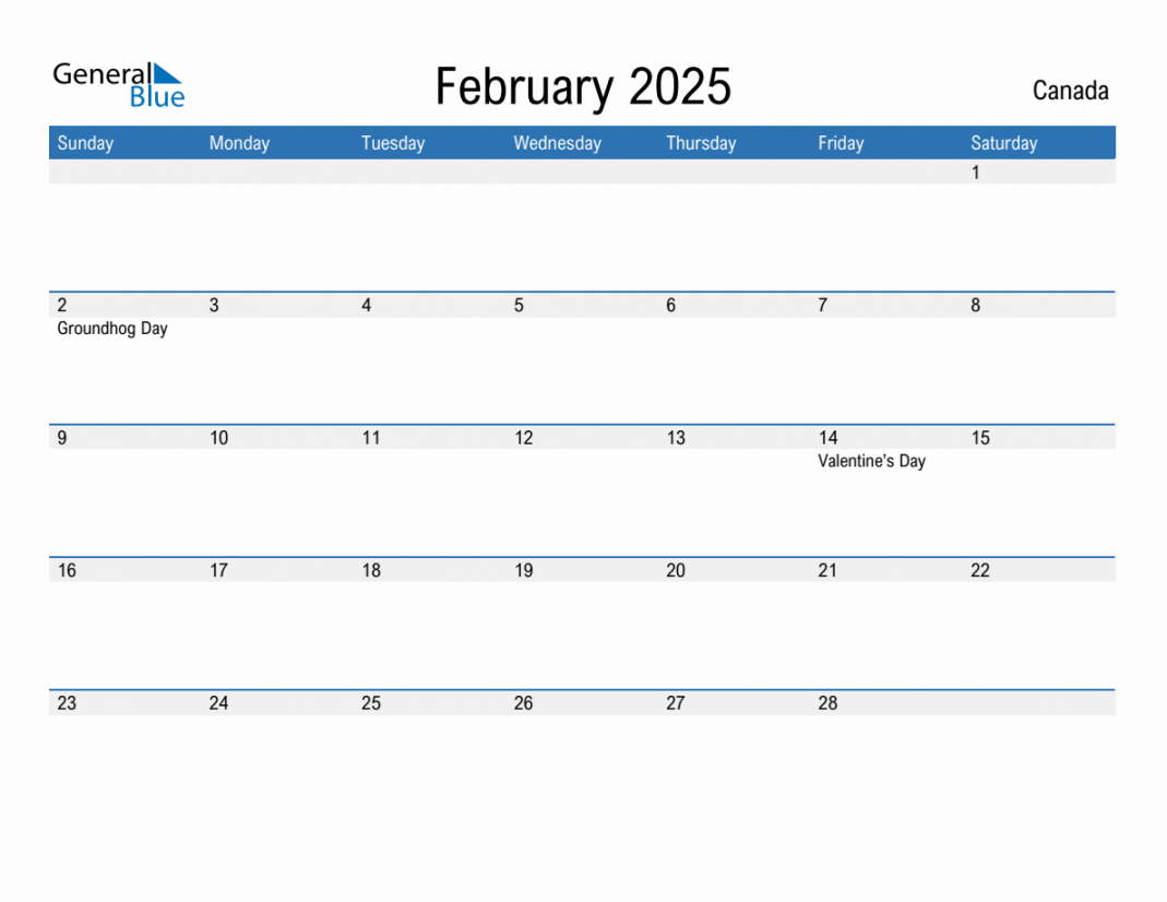 February  Monthly Calendar with Canada Holidays