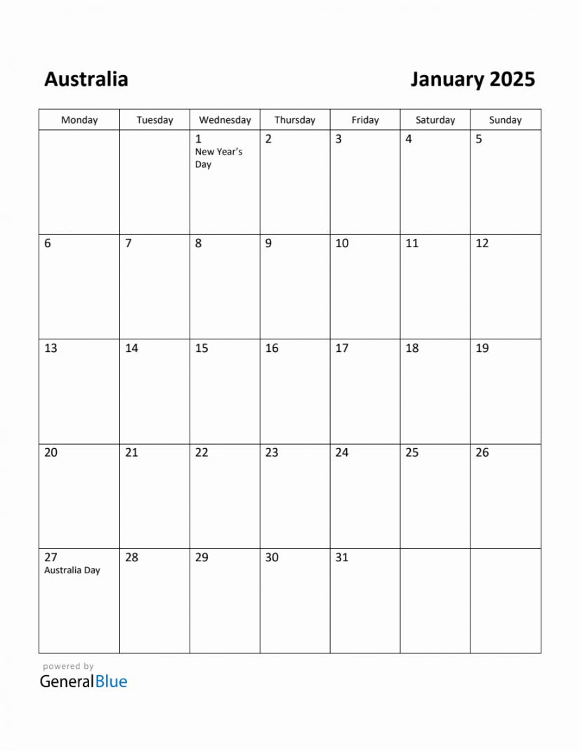 Free Printable January  Calendar for Australia