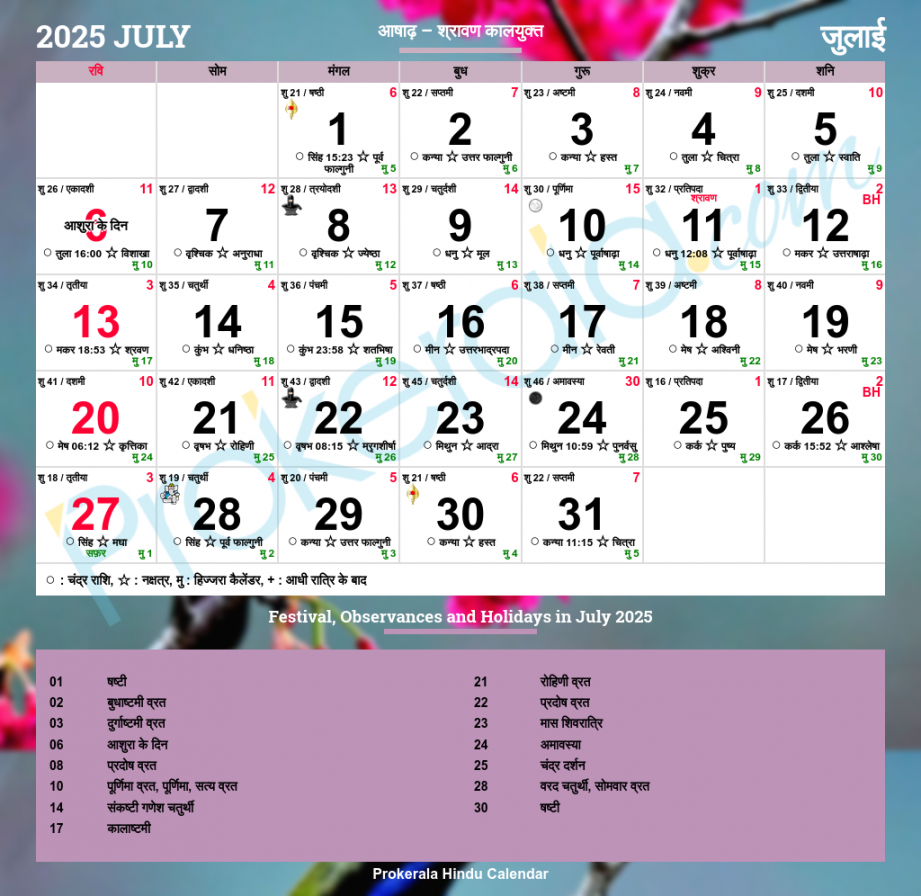 Hindu Calendar , July