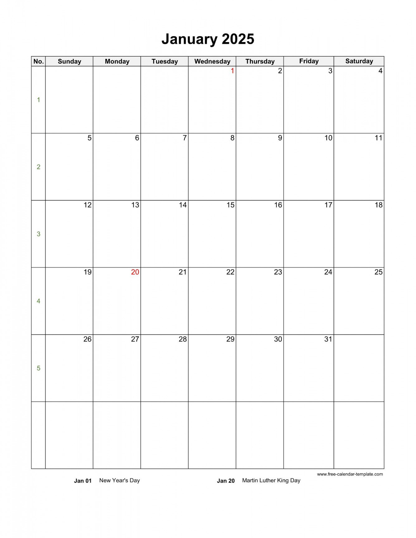 January Calendar (Blank Vertical Template)  Free-calendar