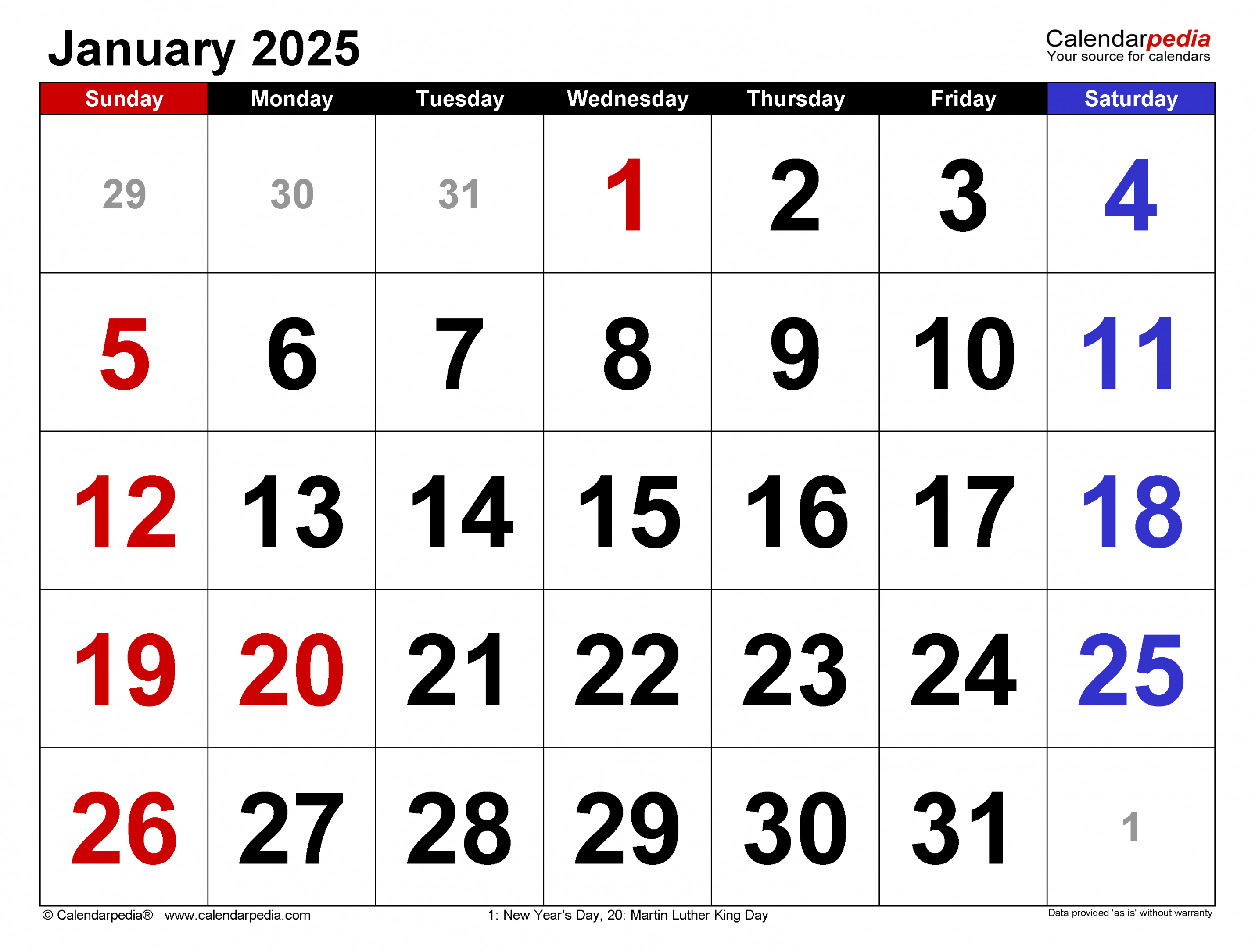 January  Calendar  Templates for Word, Excel and PDF