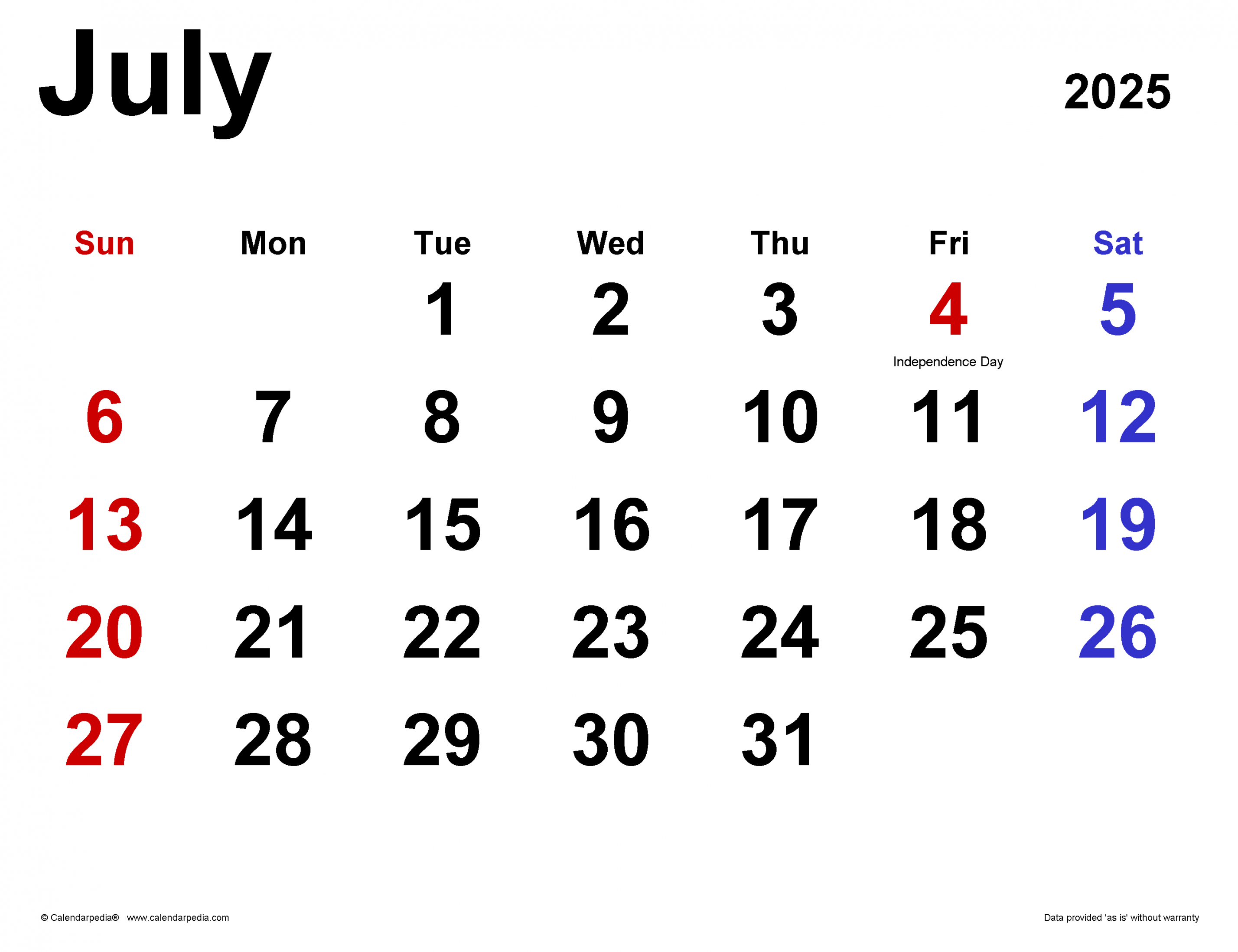 July  Calendar  Templates for Word, Excel and PDF