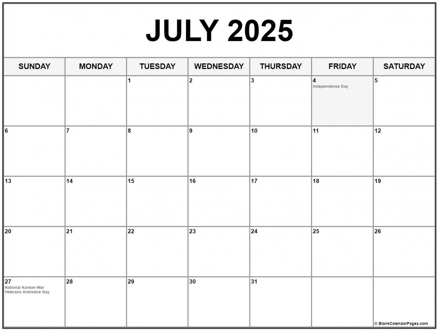 July  with holidays calendar