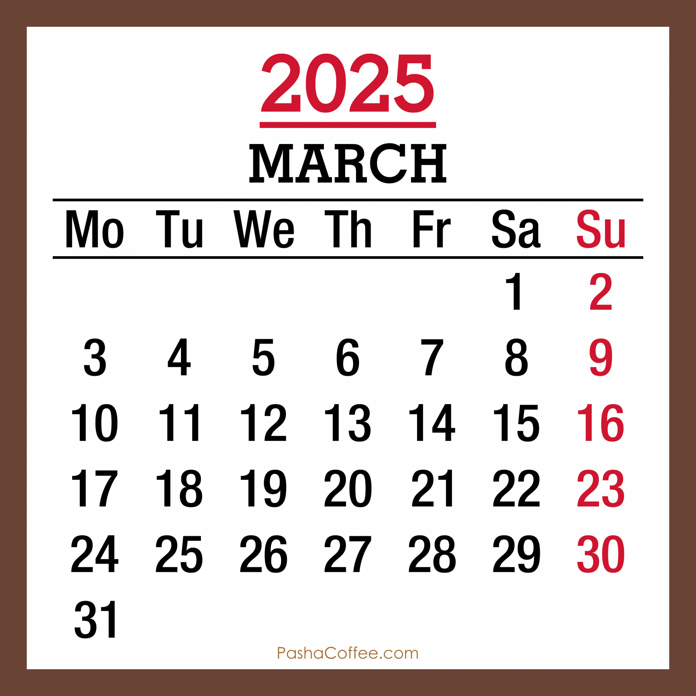 March  Monthly Calendar, Printable Free, Brown, Monday Start