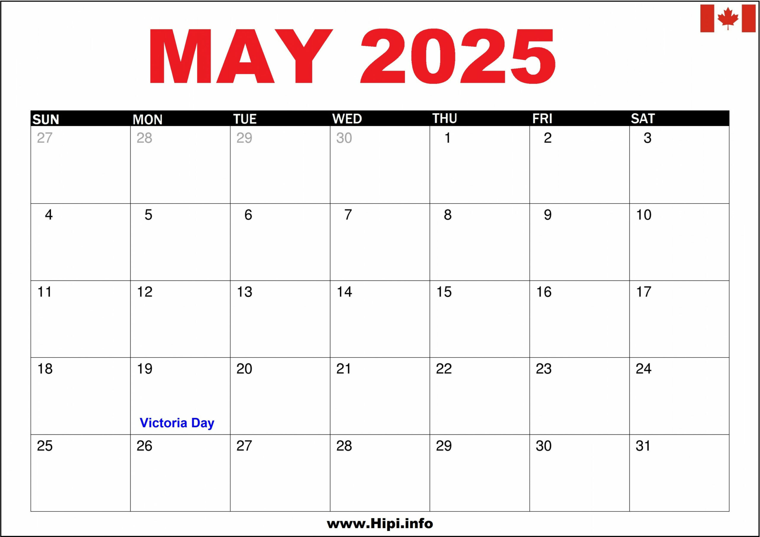 May  Canada Calendar Printable with Holidays - Hipi