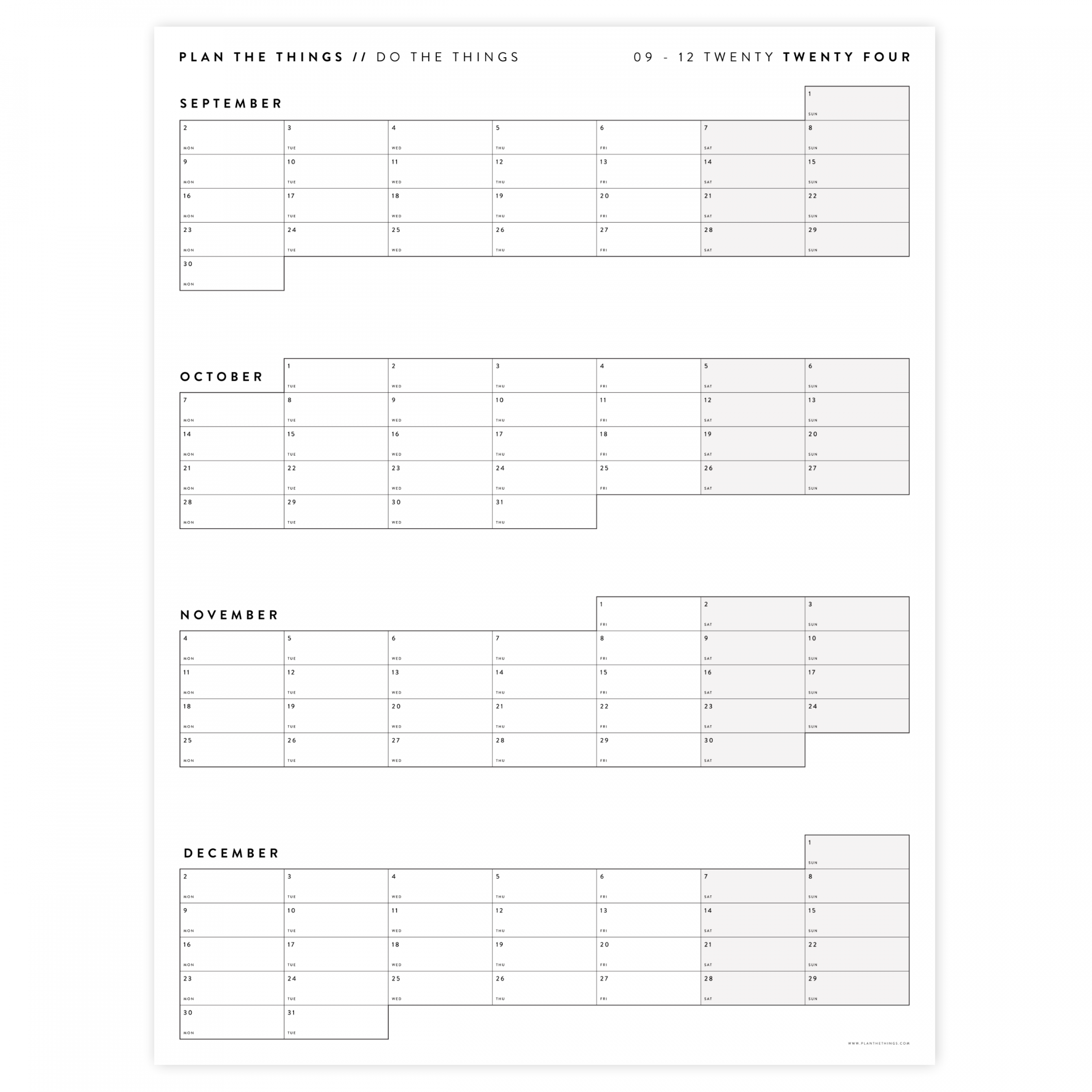 PRINTABLE  FOUR MONTH WALL CALENDAR - SEPTEMBER - DECEMBER