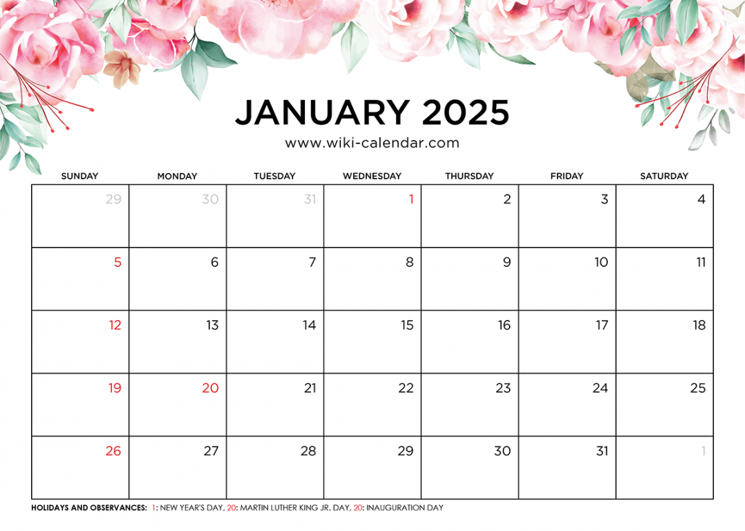 Printable January  Calendar Templates with Holidays