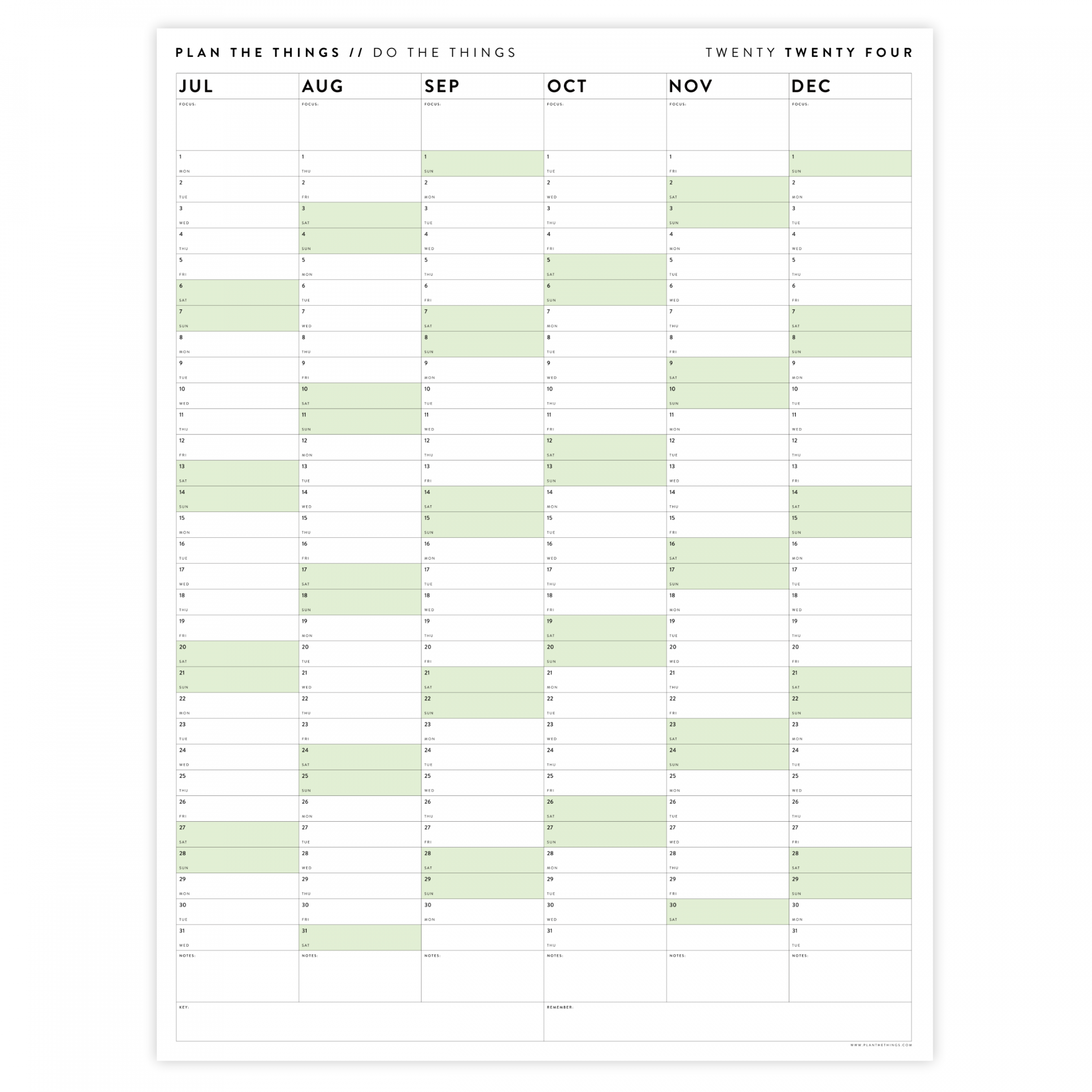 PRINTABLE SIX MONTH  WALL CALENDAR (JULY TO DECEMBER) WITH