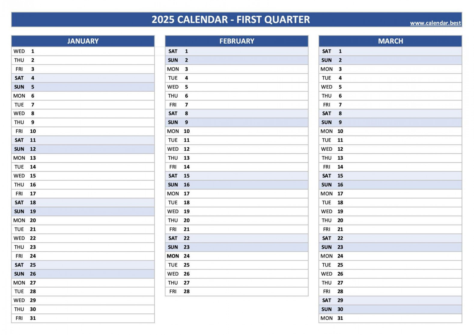 Printable st quarter  calendar