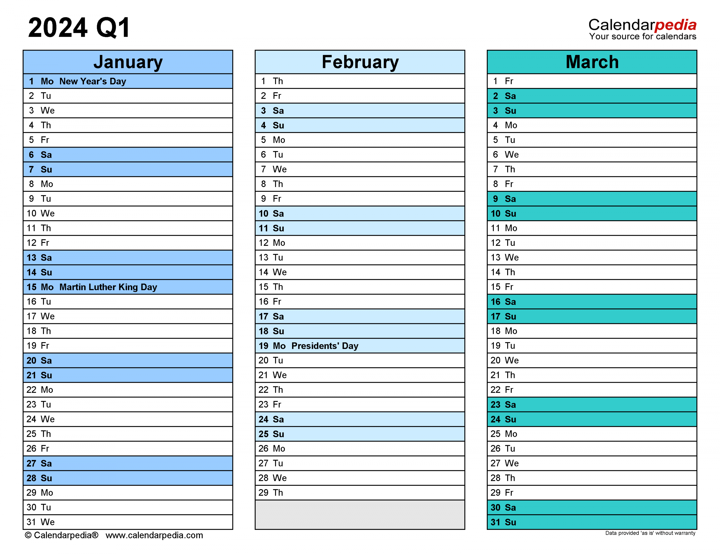 Quarterly Calendars  - Free Printable PDF Templates