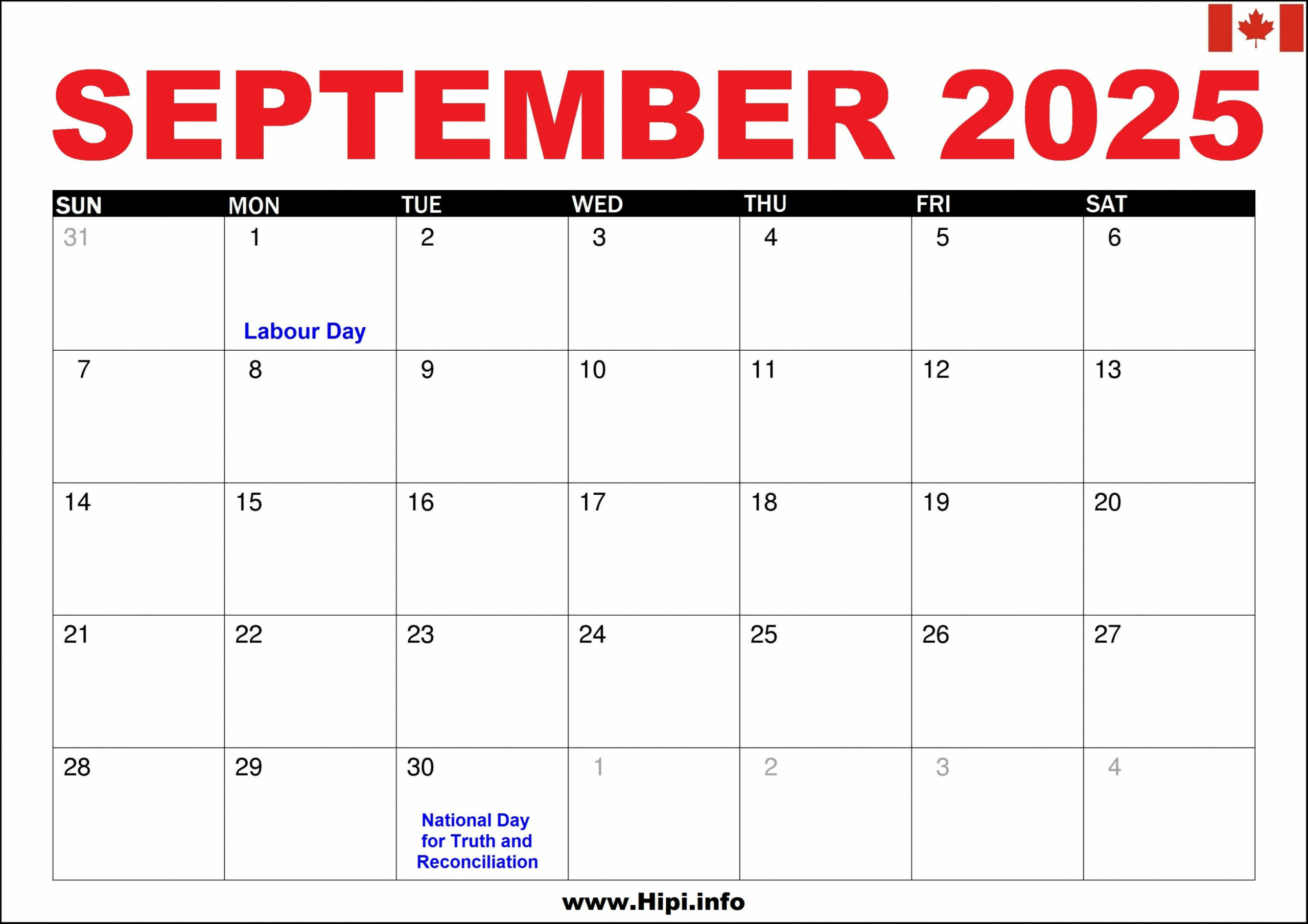 September  Calendar Canada with Holidays - Hipi