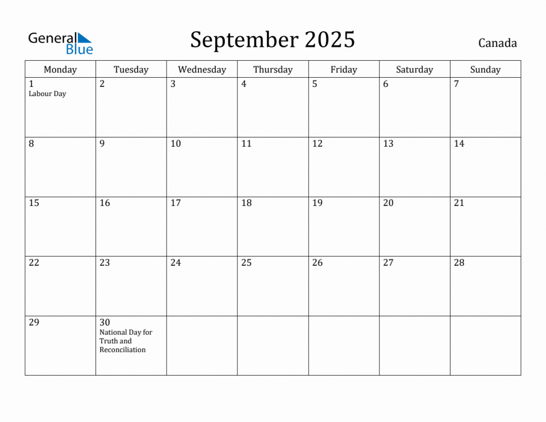 September  Monthly Calendar with Canada Holidays