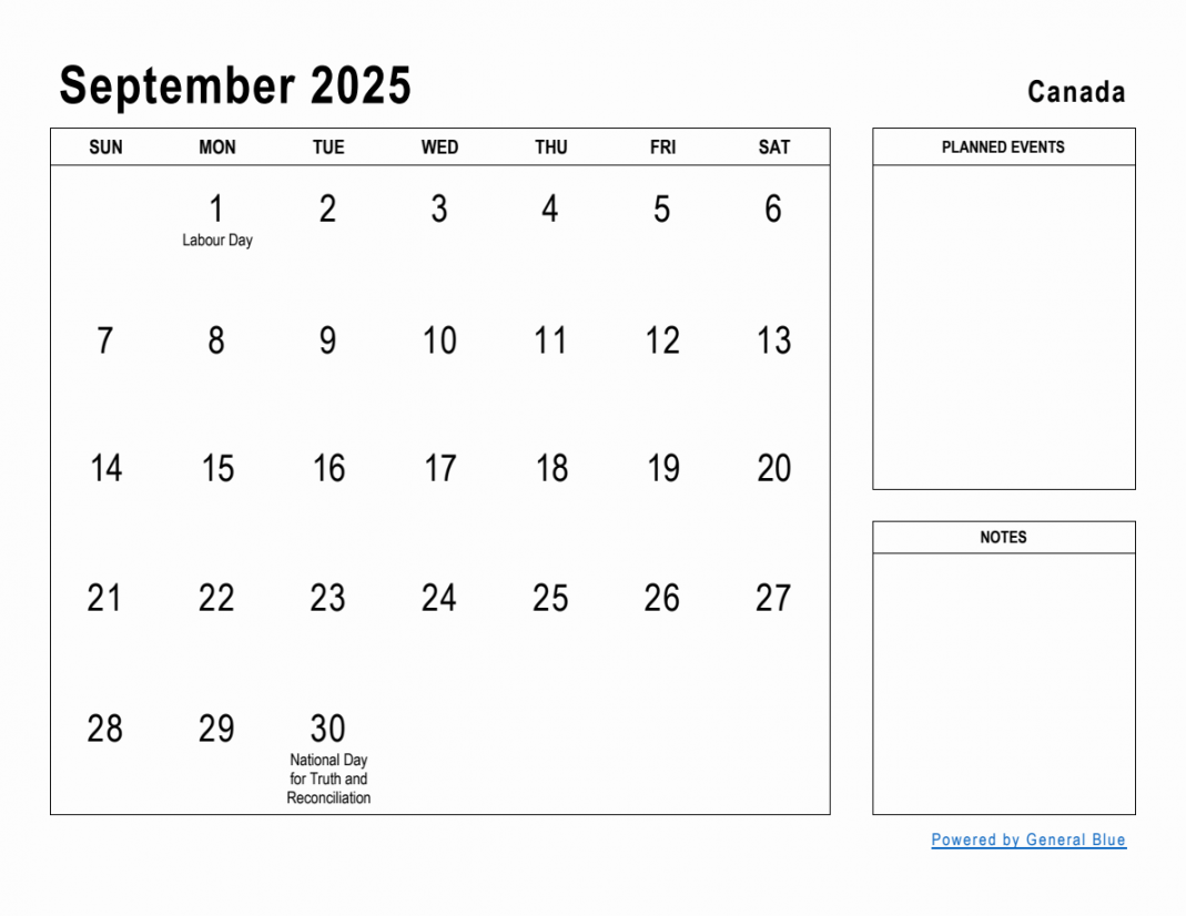 September  Planner with Canada Holidays