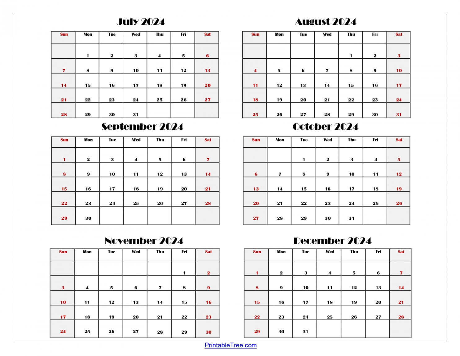 Six Month Calendar - Printable PDF-  Months Calendar