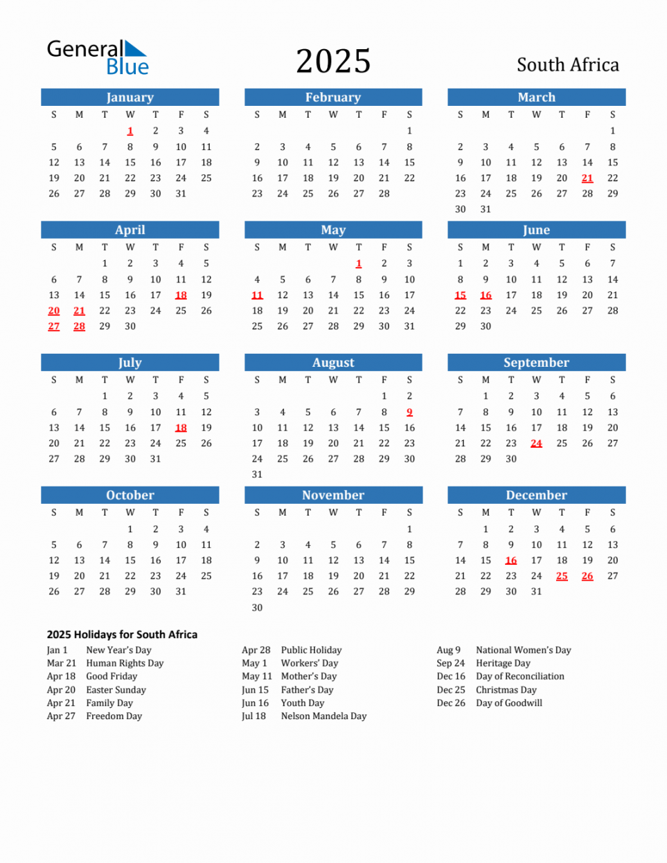 South Africa Calendar with Holidays