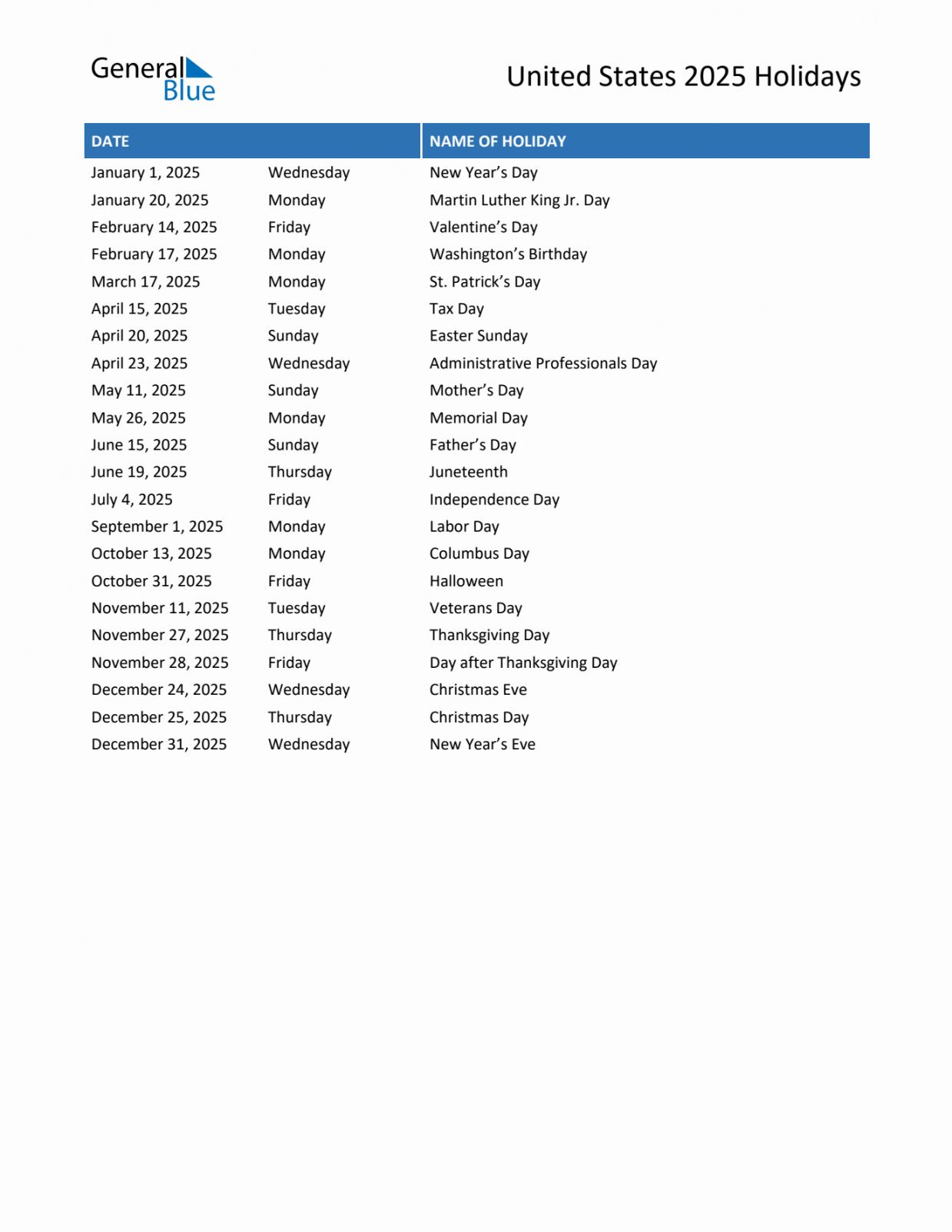 United States List of Holidays in PDF, Word, and Excel