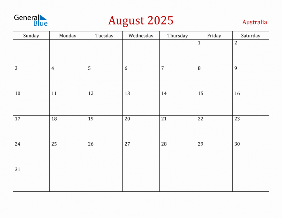 August  Australia Monthly Calendar with Holidays