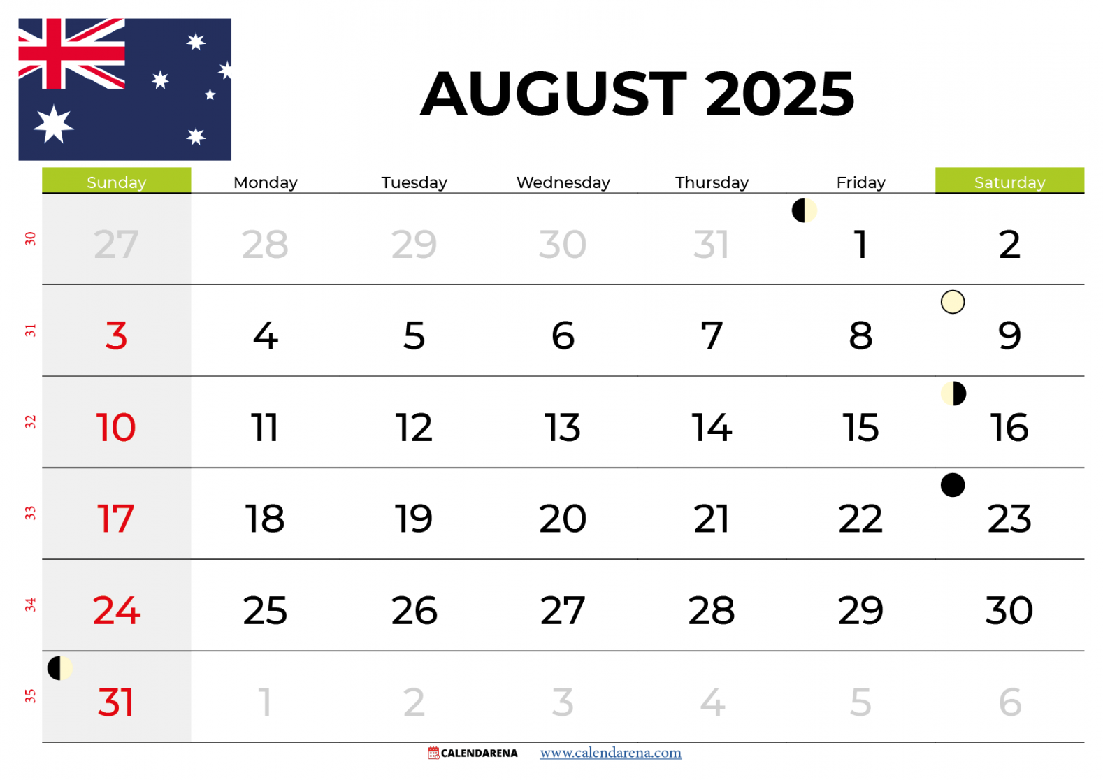 August Calendar  Australia With Holidays