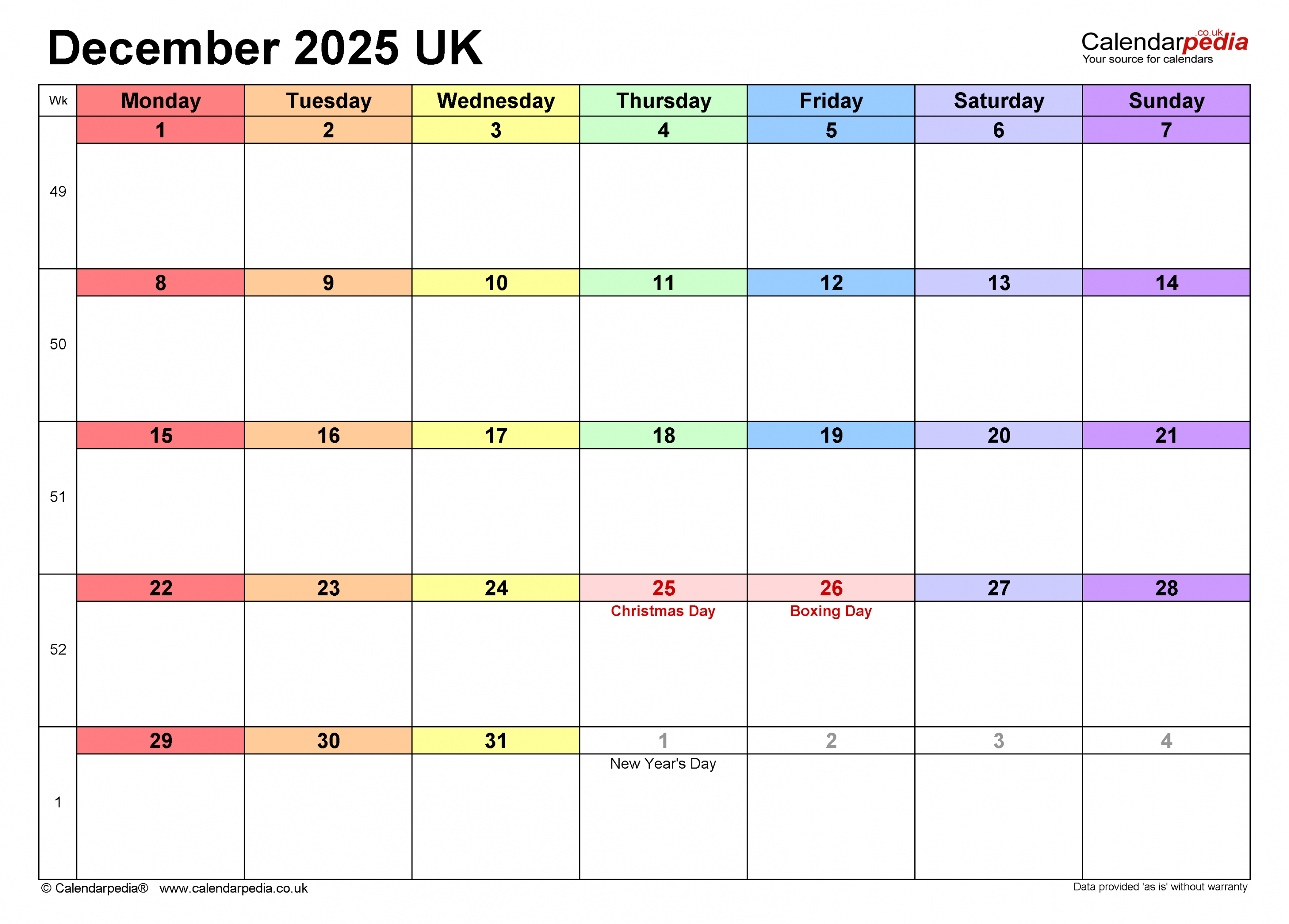 Calendar December  UK with Excel, Word and PDF templates