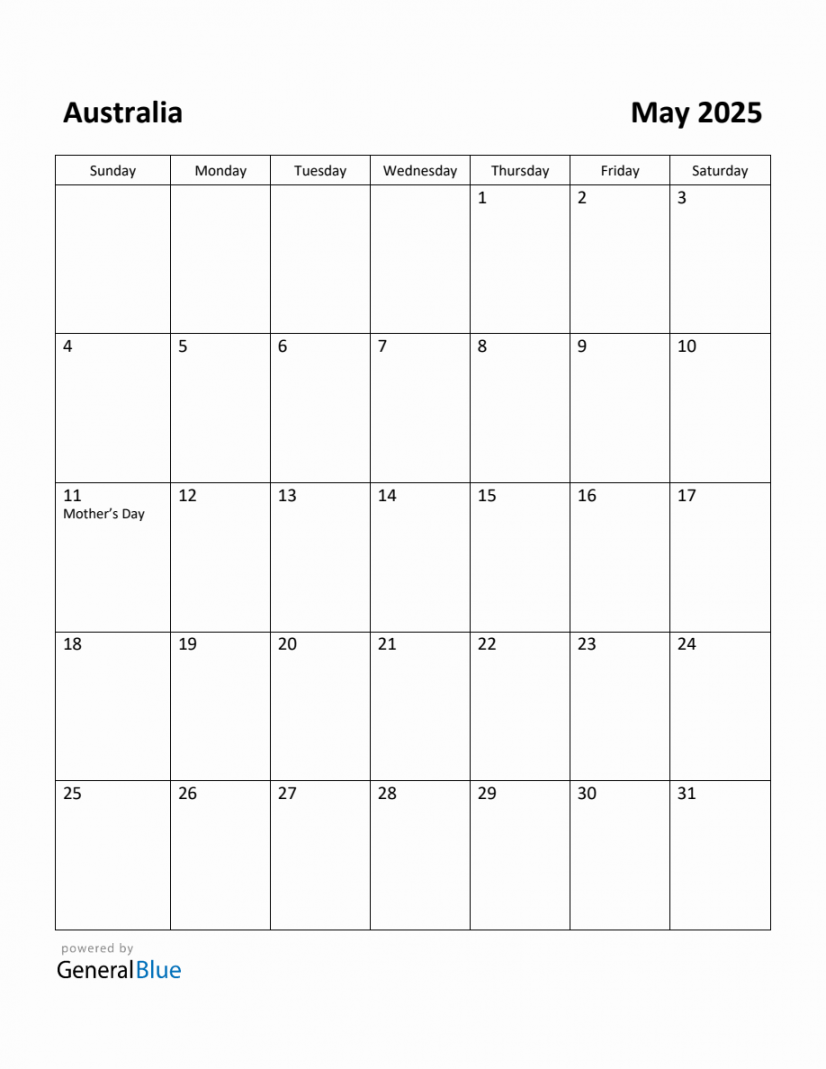 Free Printable May  Calendar for Australia