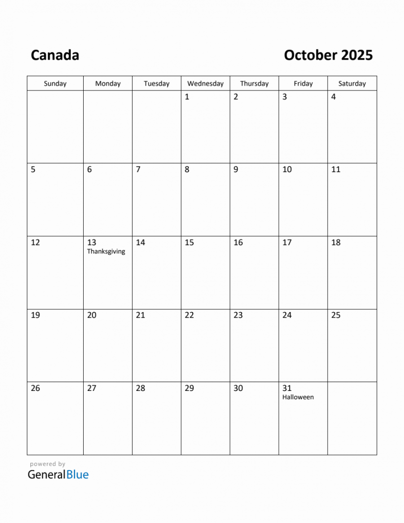 Free Printable October  Calendar for Canada