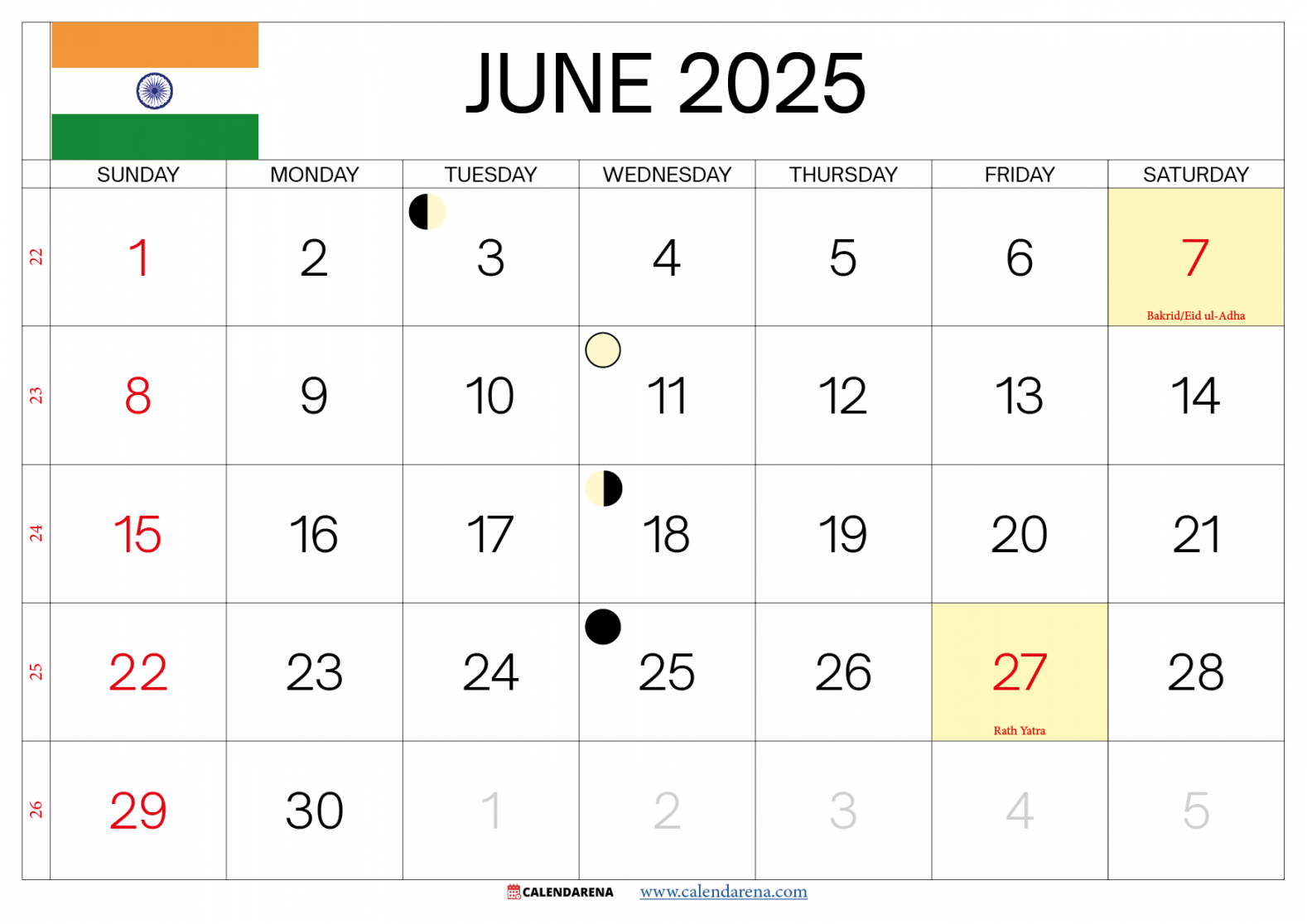 June  Calendar India