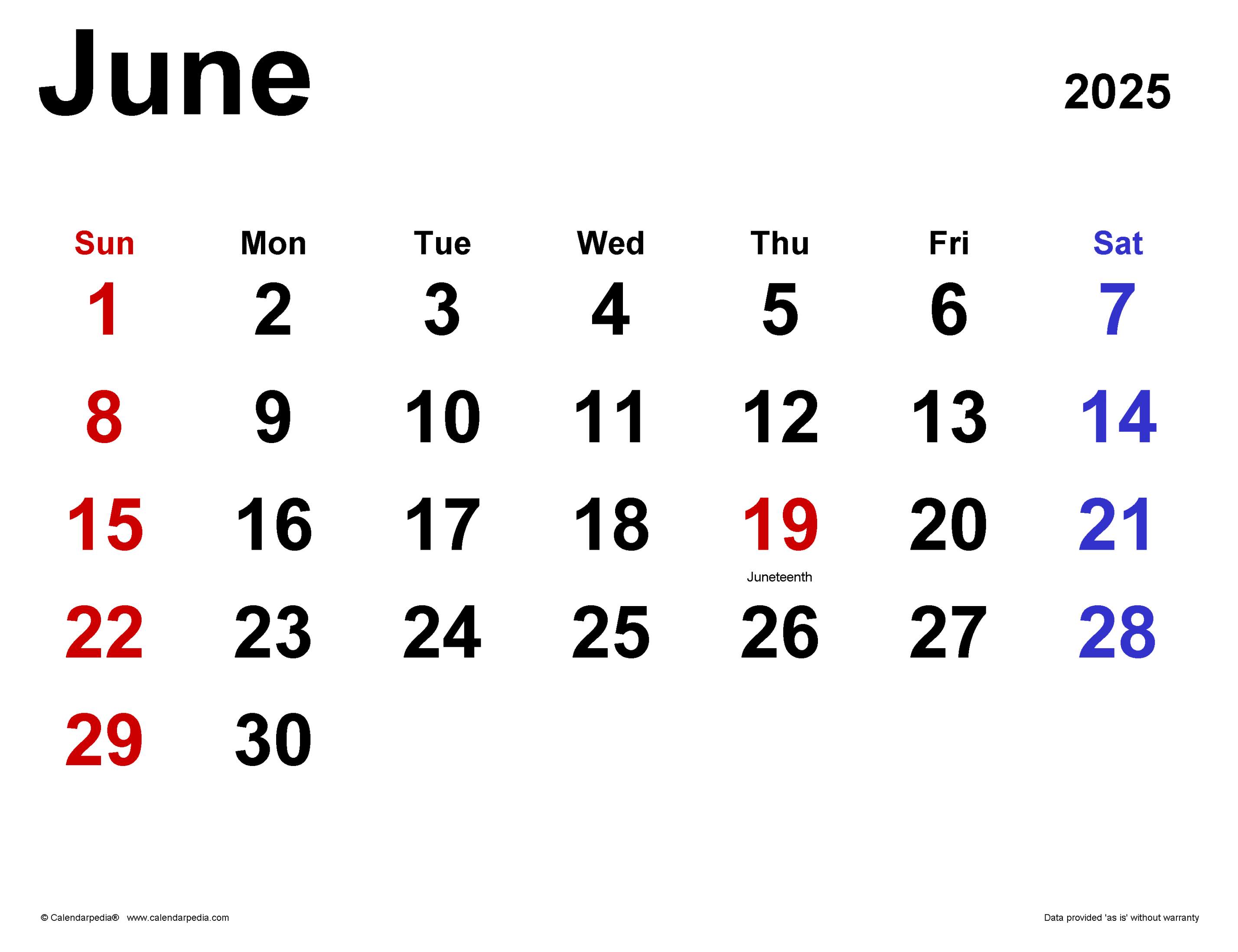 June  Calendar  Templates for Word, Excel and PDF