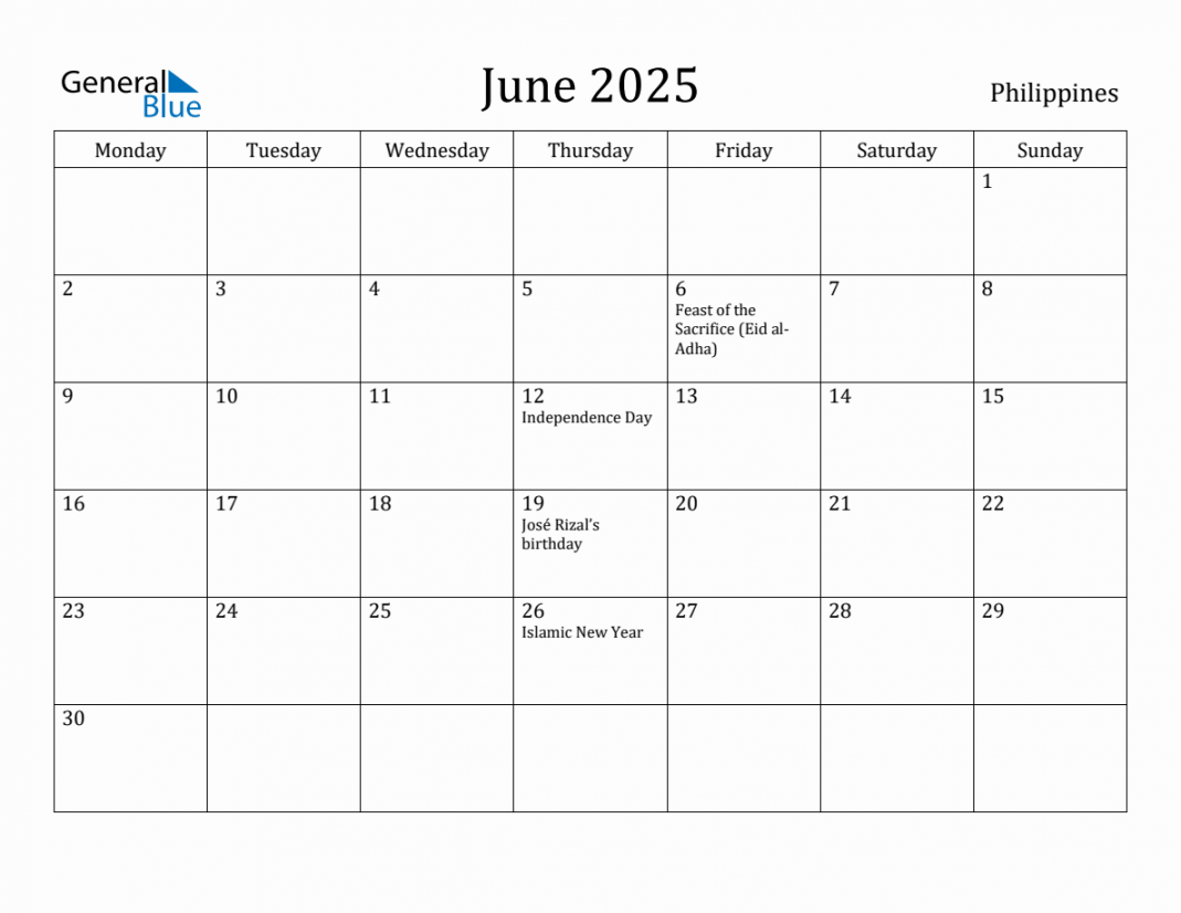 June  - Philippines Monthly Calendar with Holidays