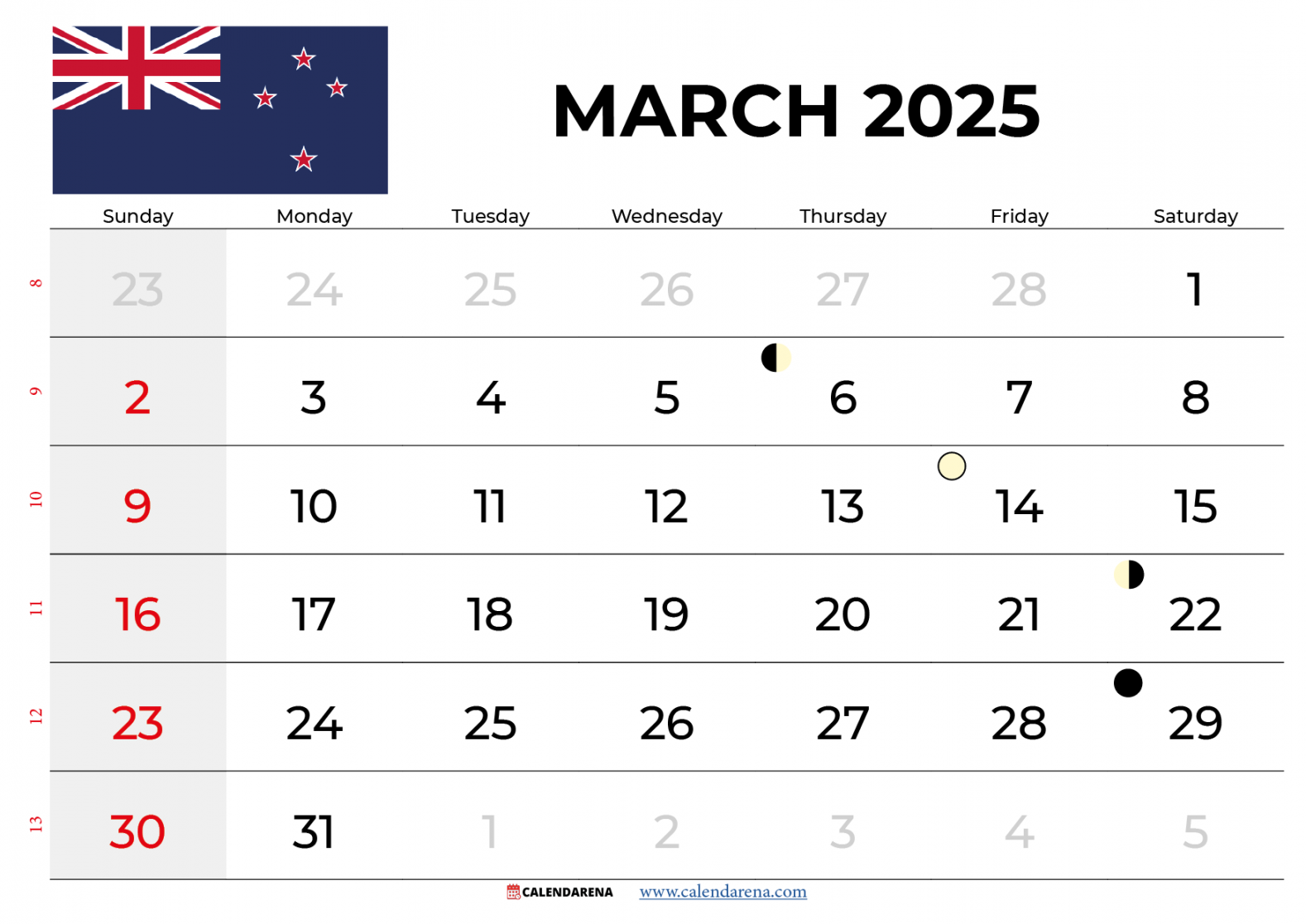 March  Calendar NZ With Holidays