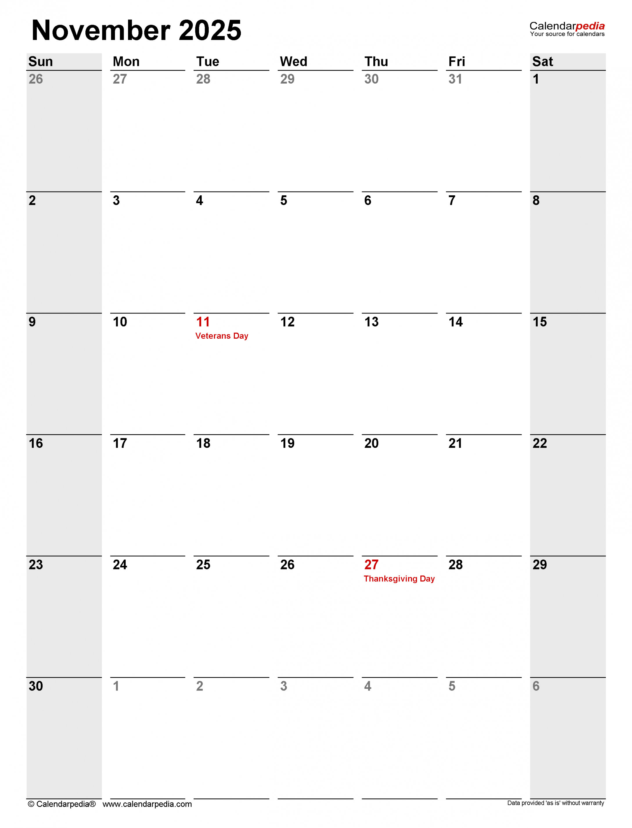 November  Calendar  Templates for Word, Excel and PDF