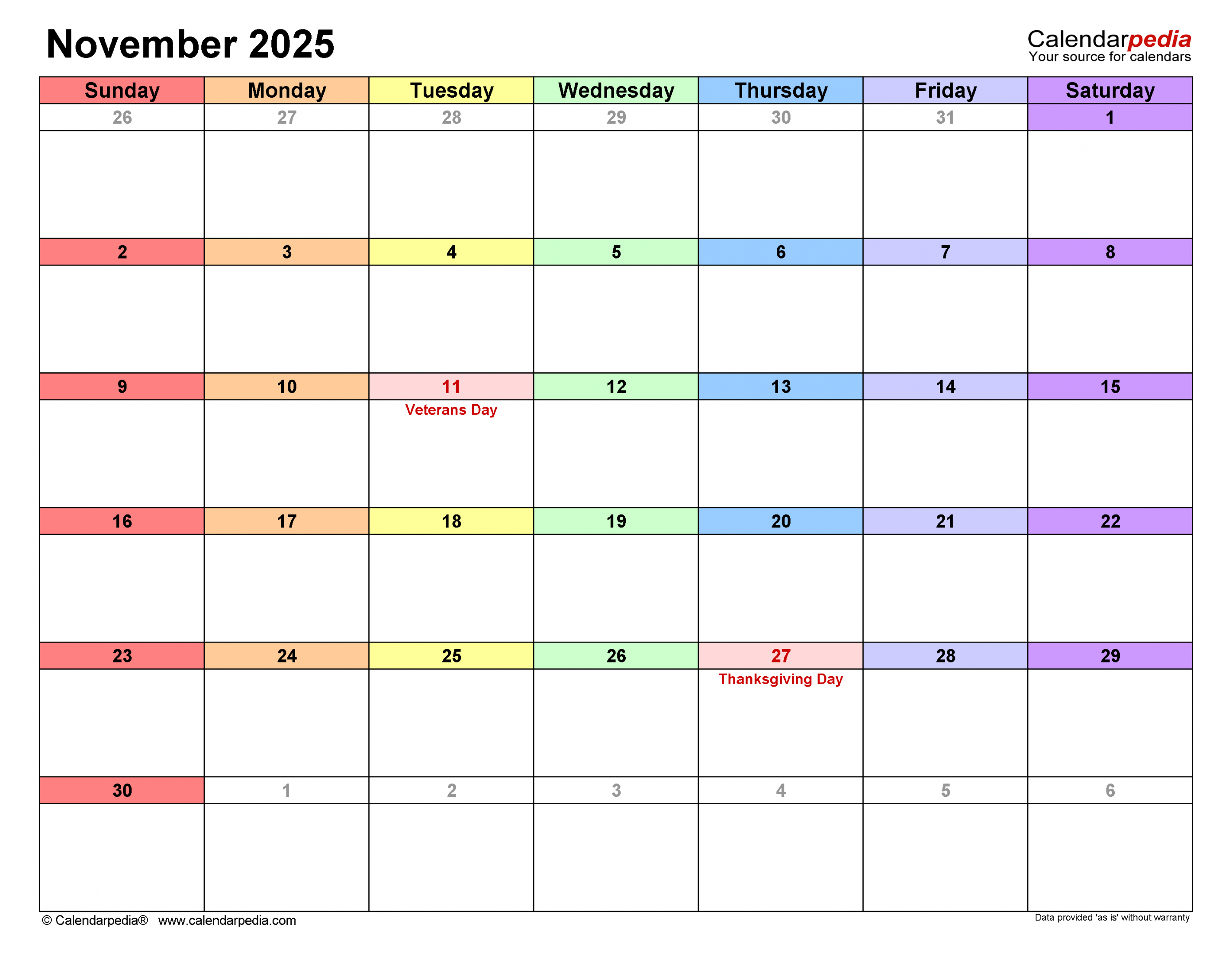 November  Calendar  Templates for Word, Excel and PDF