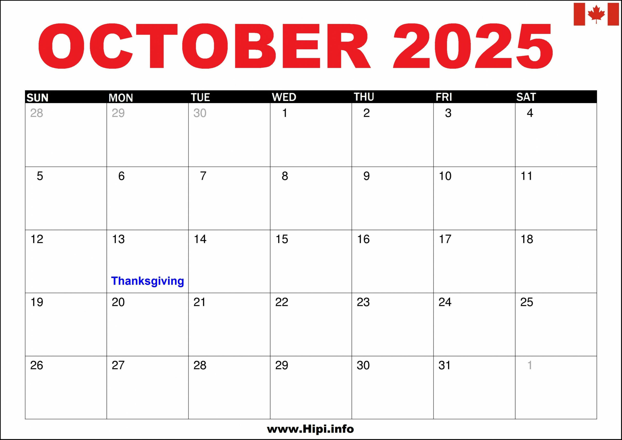 October  Calendar Canada with Holidays - Hipi