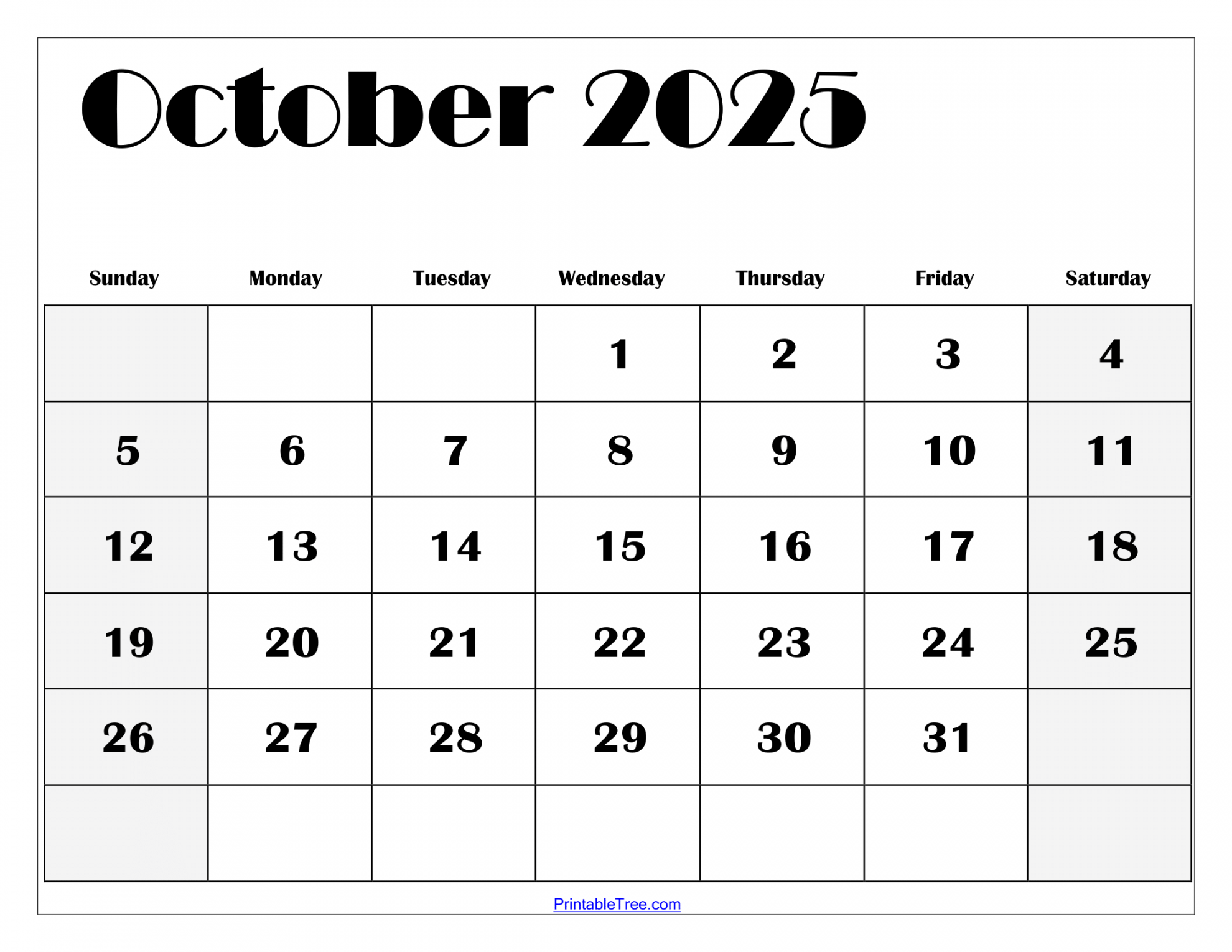 October  Calendar Printable PDF Template with Holidays