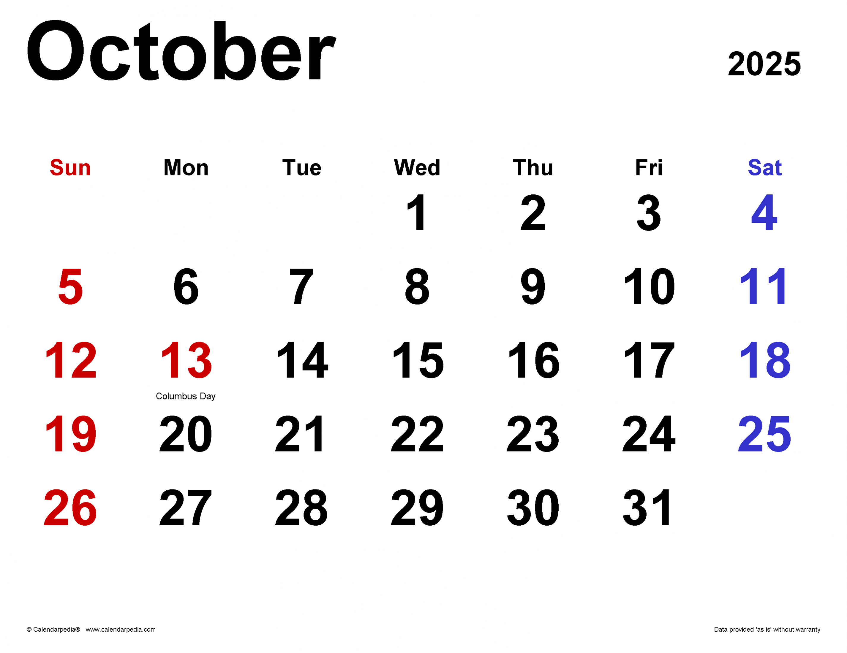 October  Calendar  Templates for Word, Excel and PDF