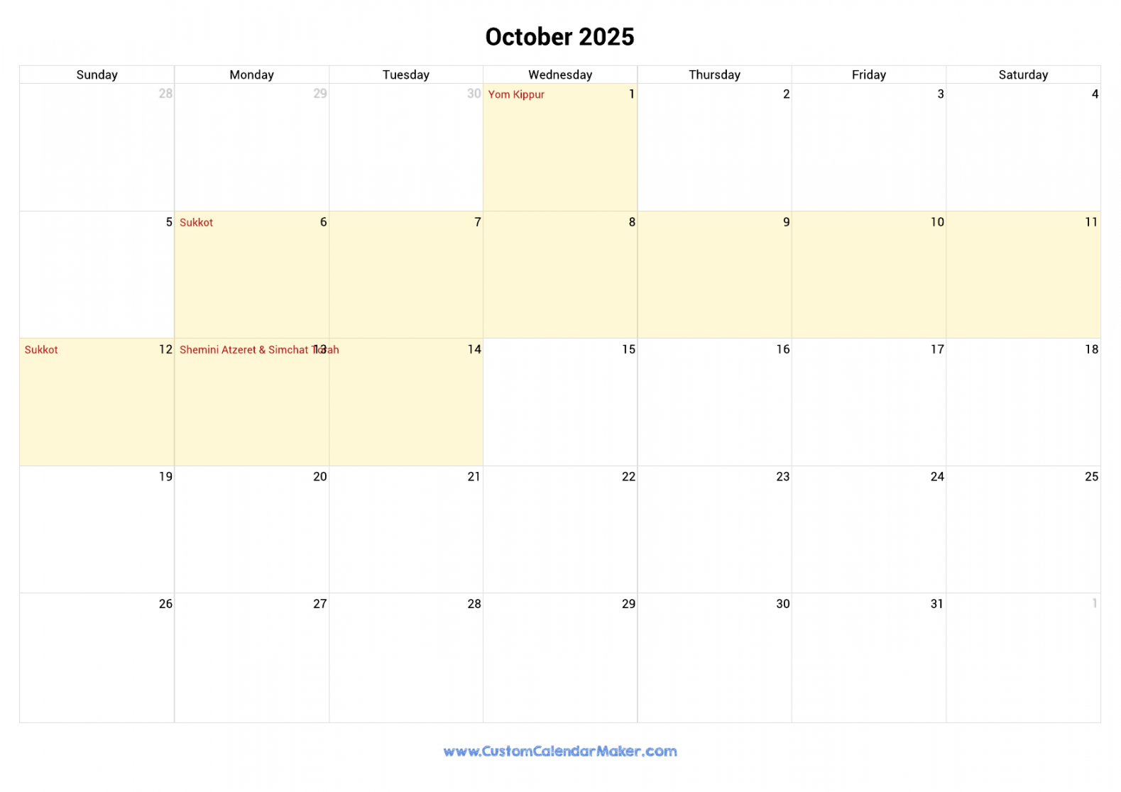 October  Jewish Calendar with Hebrew Holidays