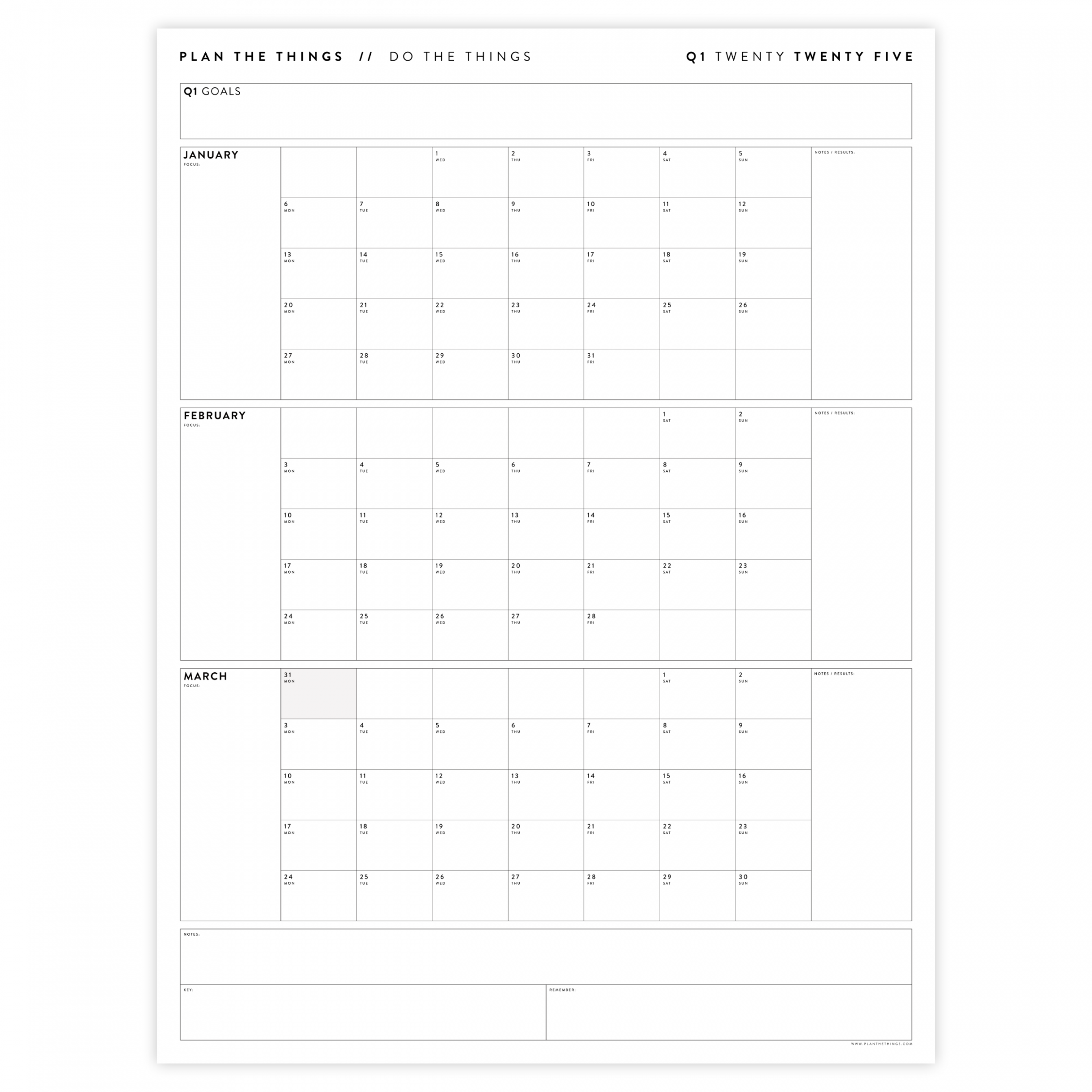 PRINTABLE Q (JANUARY - MARCH)  QUARTERLY WALL CALENDAR