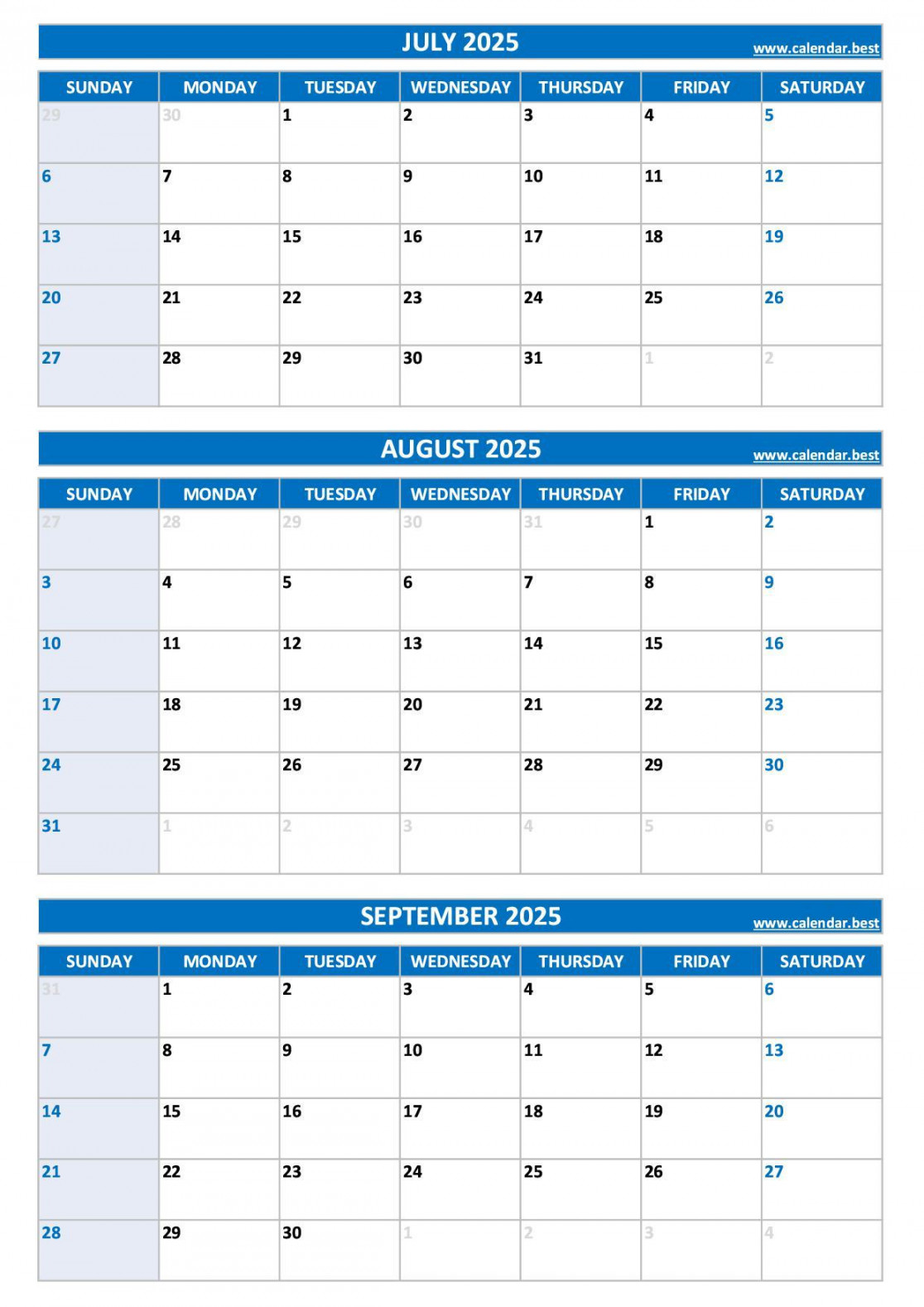 Printable rd quarter  calendar Months of July, August and