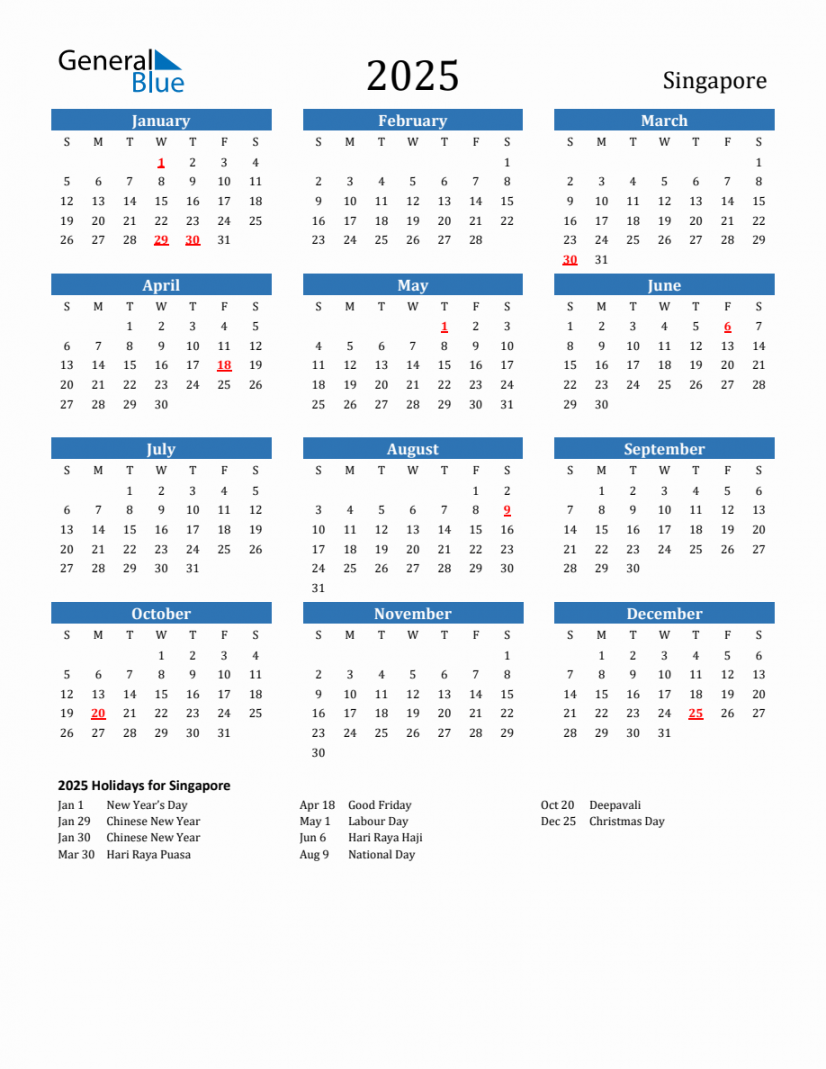 Singapore  Calendar with Holidays