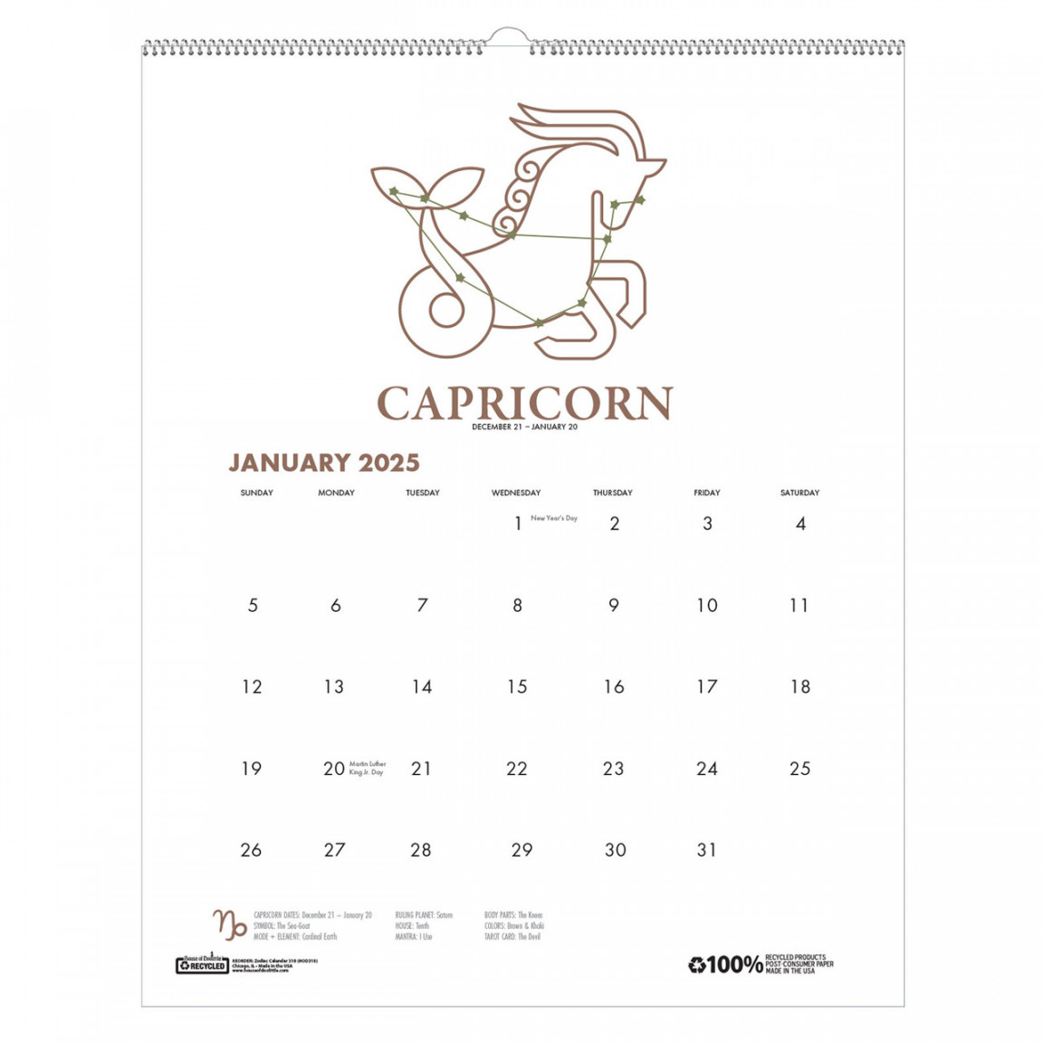 Zodiac Calendar  HOD, Monthly Wall Calendar,  x "