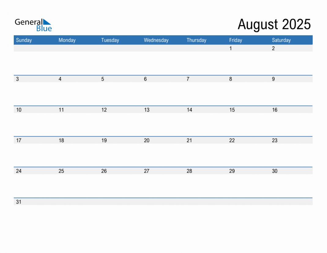 August  Monthly Calendar (PDF, Word, Excel)