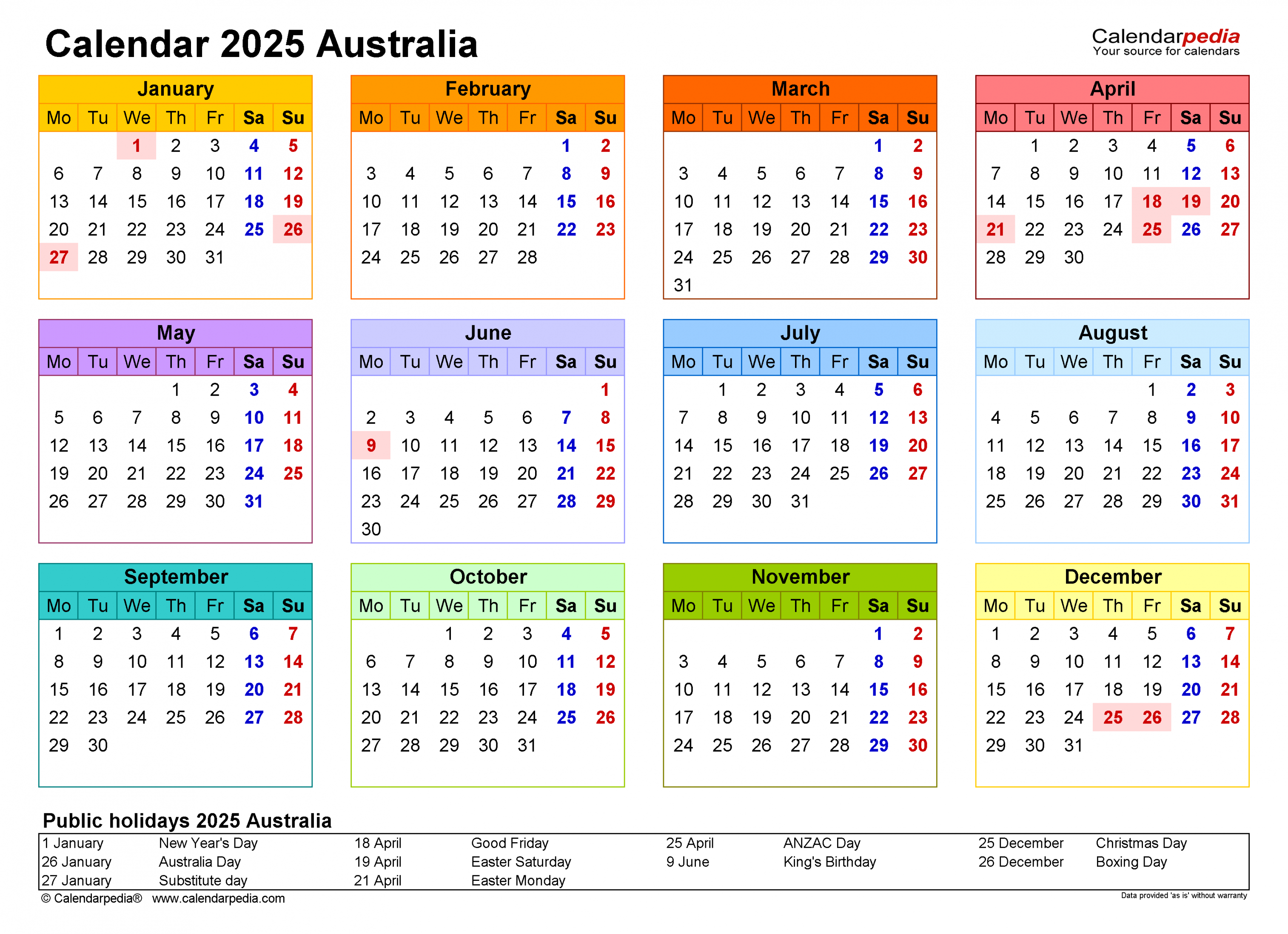 Australia Calendar  - Free Printable Excel templates