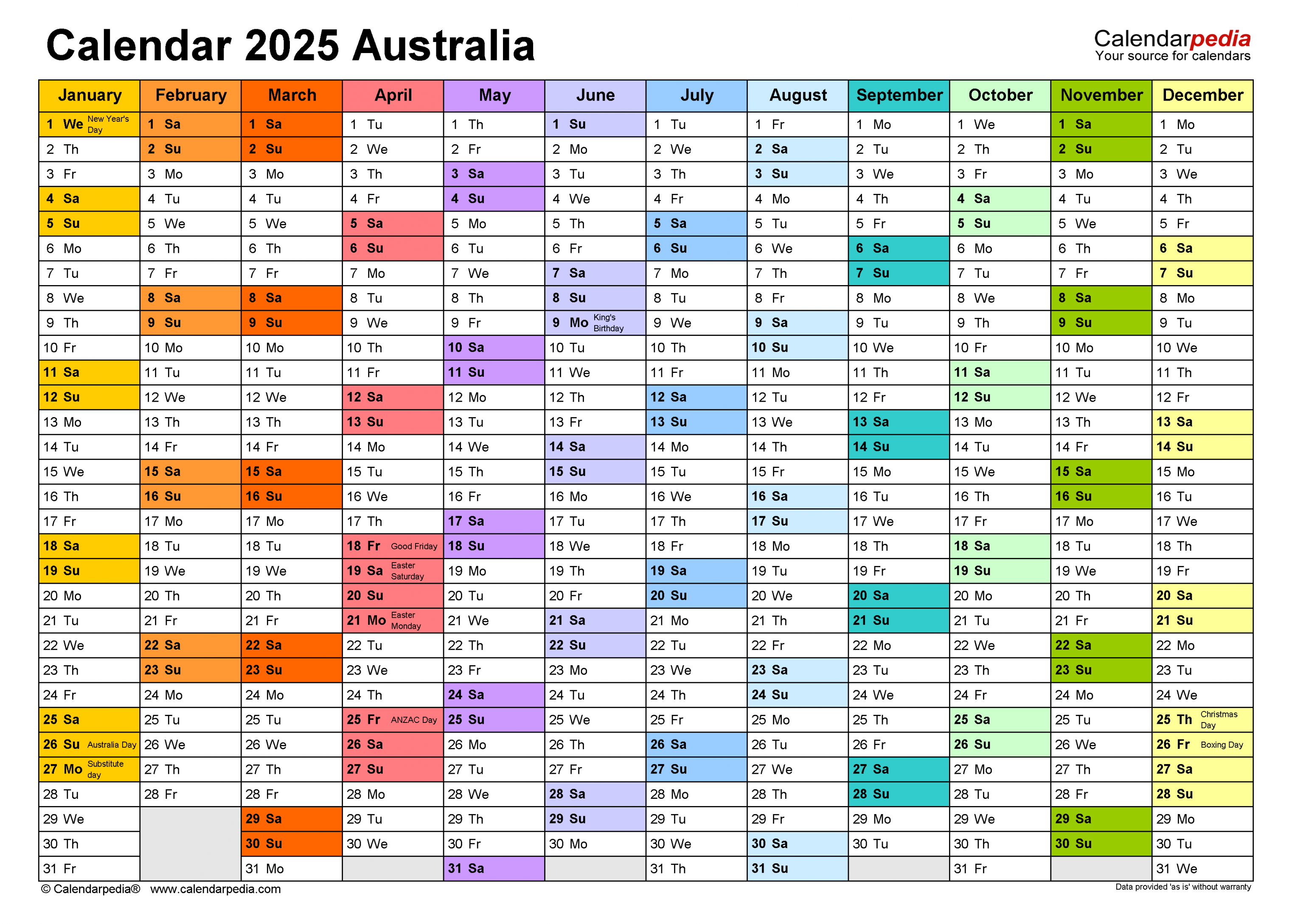 Australia Calendar  - Free Printable PDF templates