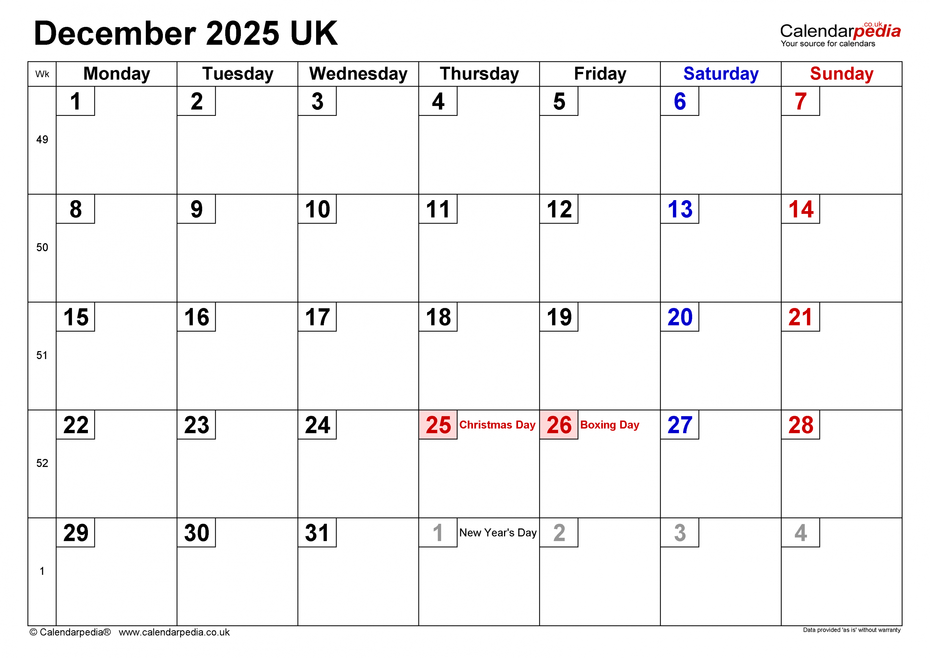 Calendar December  UK with Excel, Word and PDF templates