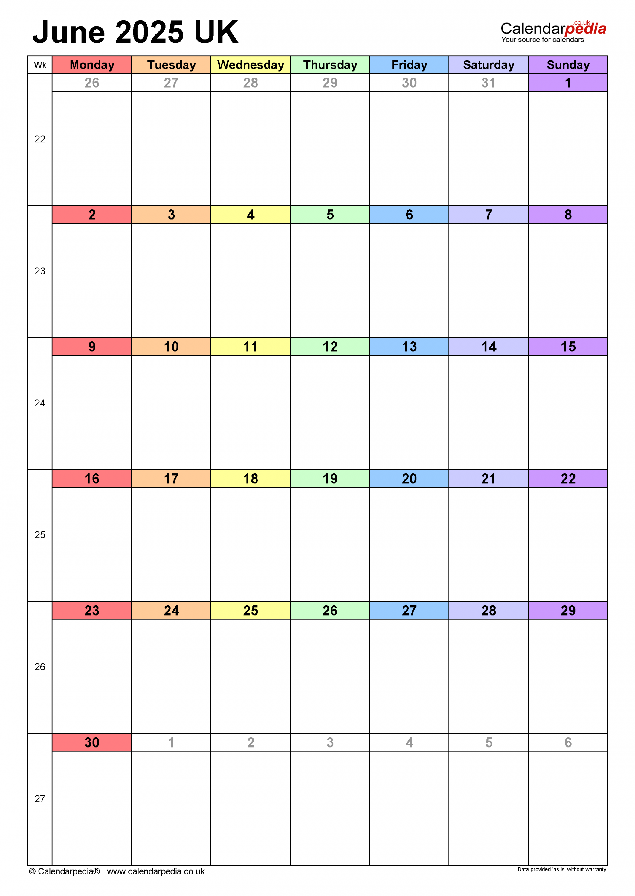 Calendar June  UK with Excel, Word and PDF templates